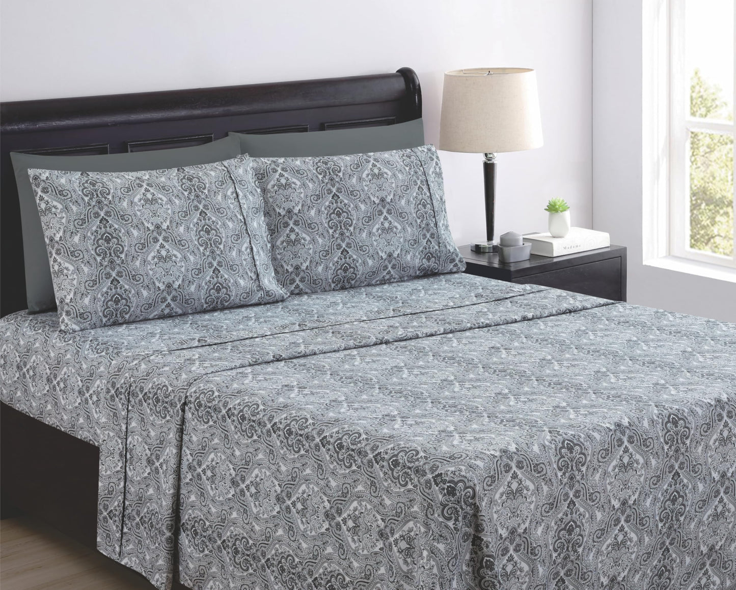 Spirit Linen home 6-Piece Queen Size Bed Sheet Set - Deep Pocket, Paisley Pattern, Soft and Breathable Bed Sheets, Microfiber Material, Includes 1 Fitted, 1 Flat, 4 Pillowcases - Dark Grey Paisley