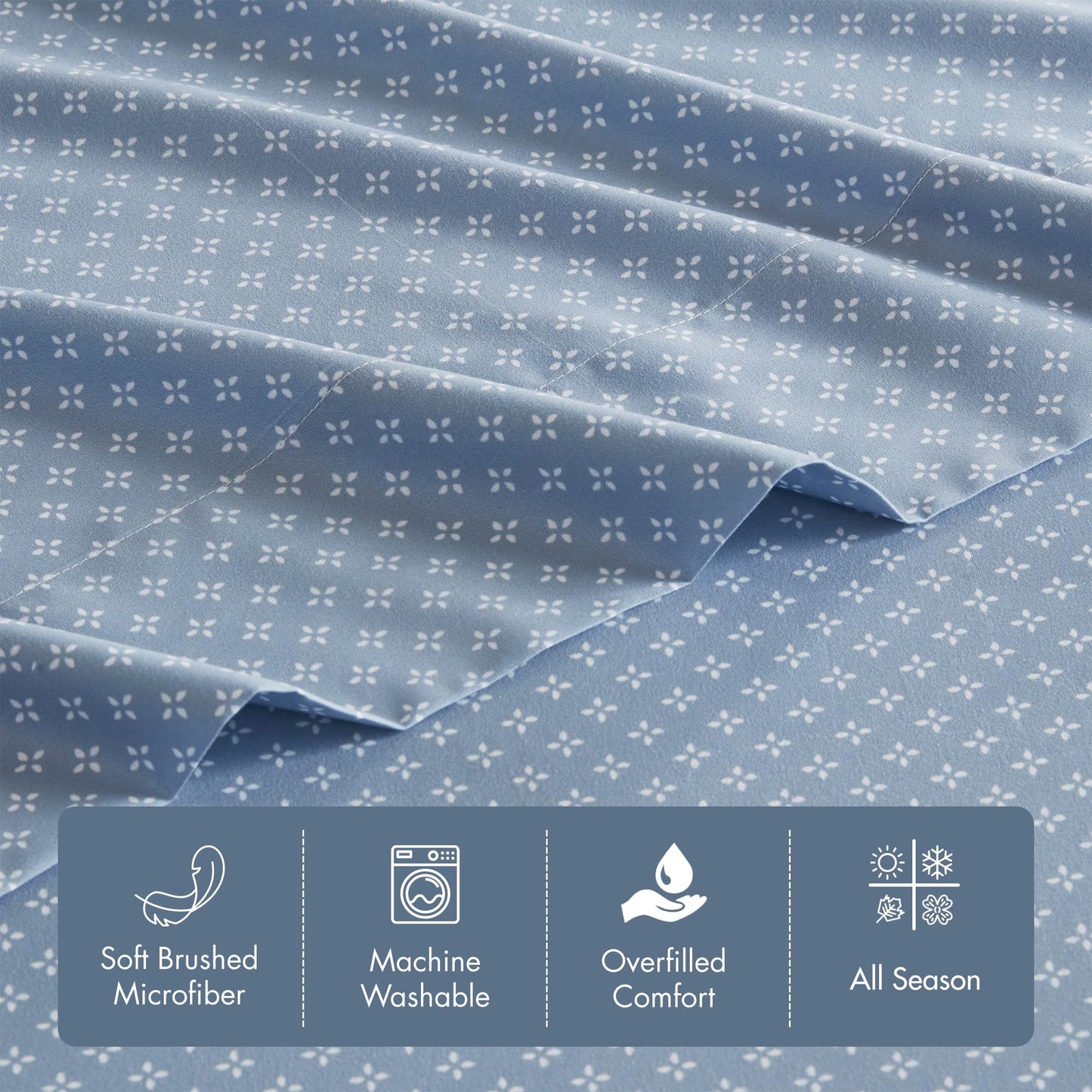 Madison Park Essentials Twin Comforter Set with Sheets, Floral Bed in A Bag Microfiber Comforter for Twin-Size Bed, Shabby Chic Twin Bedding Set Diamond Printed Sheet, Luna, Twin, Blue 5 Piece