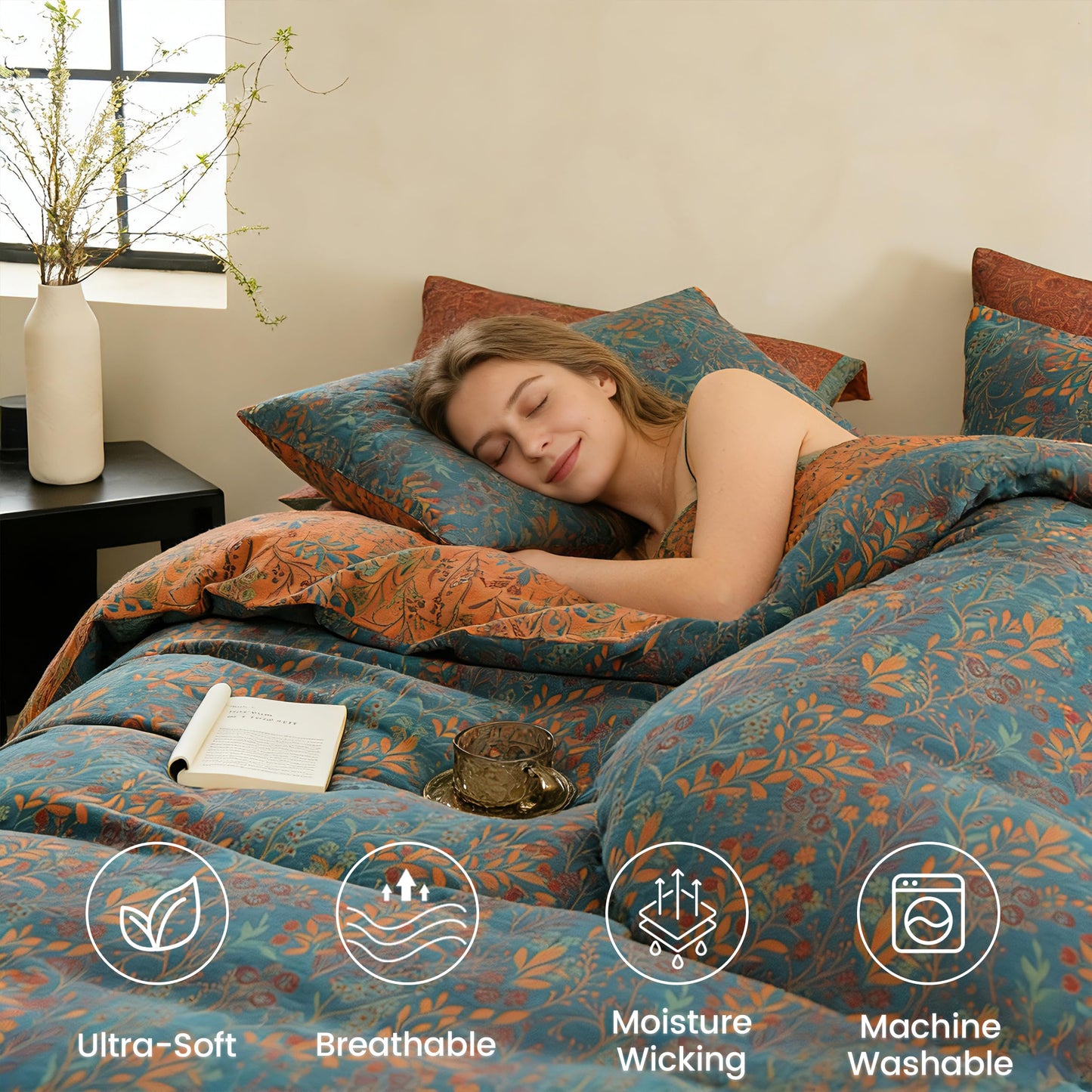 BISELINA 100% Cotton Muslin Duvet Cover Set Queen, 3 Pcs Yarn-Dyed Jacquard Textured Reversible Floral Design, Soft and Breathable Bedding Set with Zipper Closure, Blue Orange