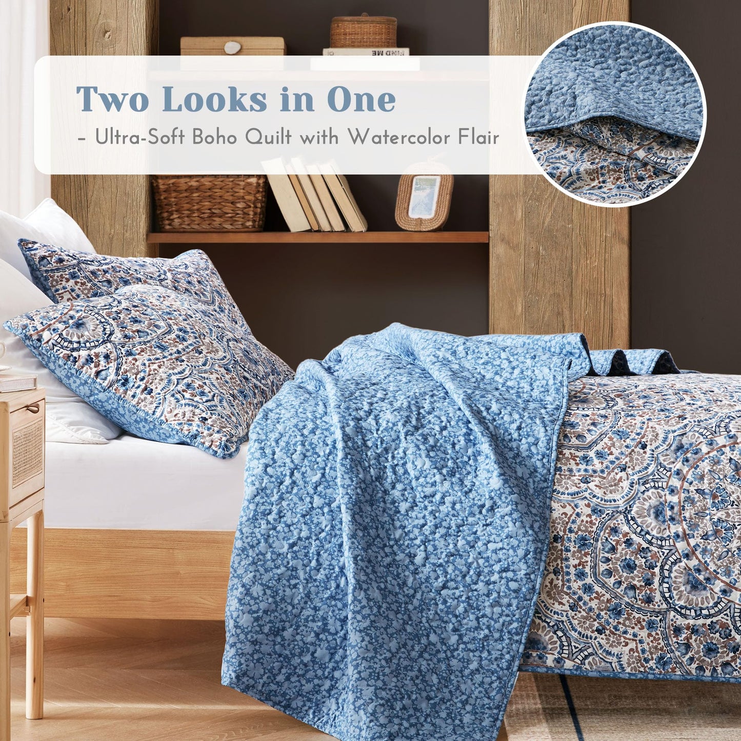 Comfort Spaces Valerie Boho Quilt Set Twin/Twin XL Blue - Soft Reversible Watercolor Medallion Bedding, Lightweight All Season Bedspread for Kids Teens Dorm Guest Room