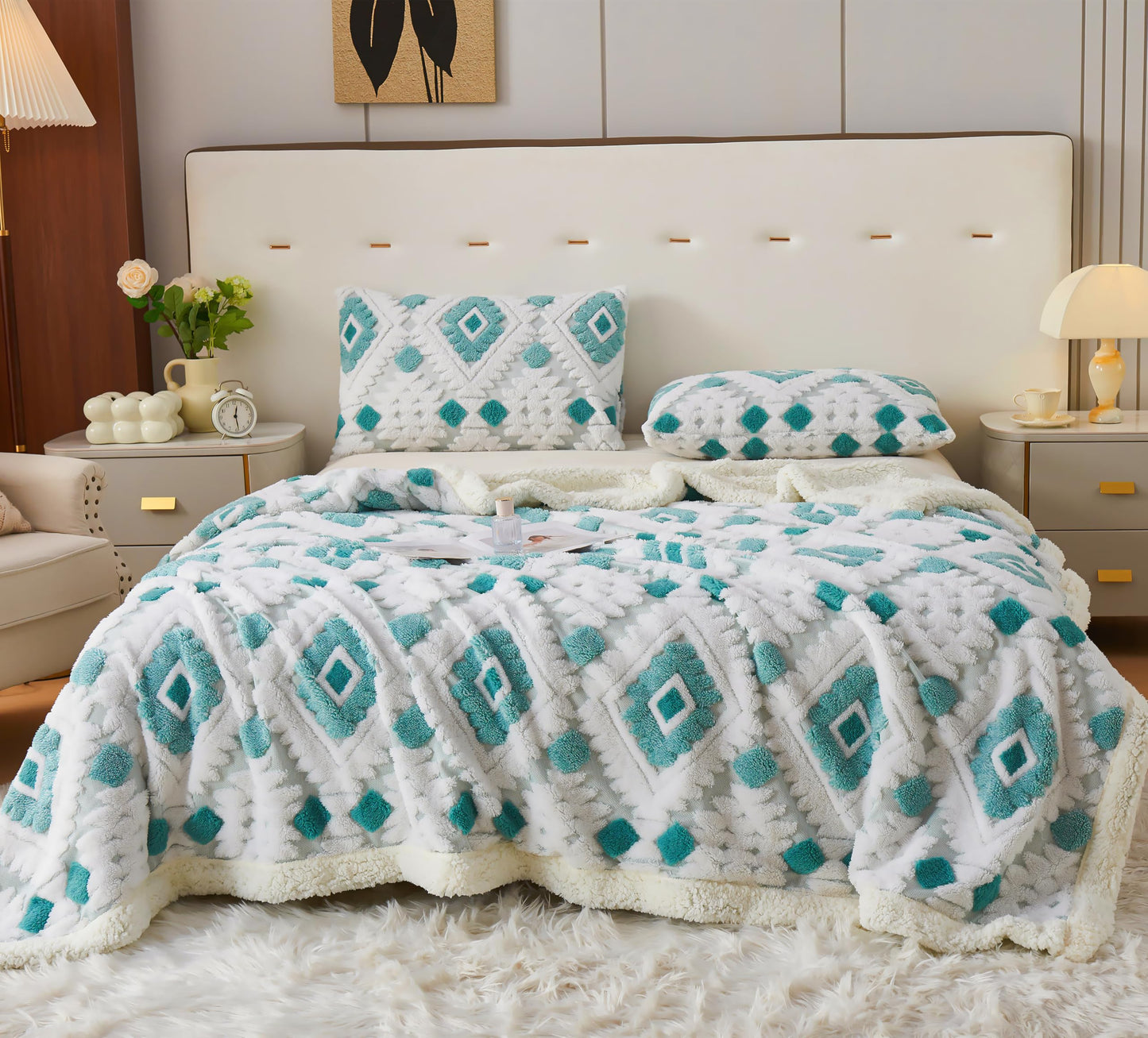 LEVINIS Large Bohemian Bed Blankets 80'' × 90'', Ultra Soft Aztec Bed Blanket for All Season, Cozy, Plush, Bohemian Throw Blanket for Couch/Sofa/Office/Camping, Blue