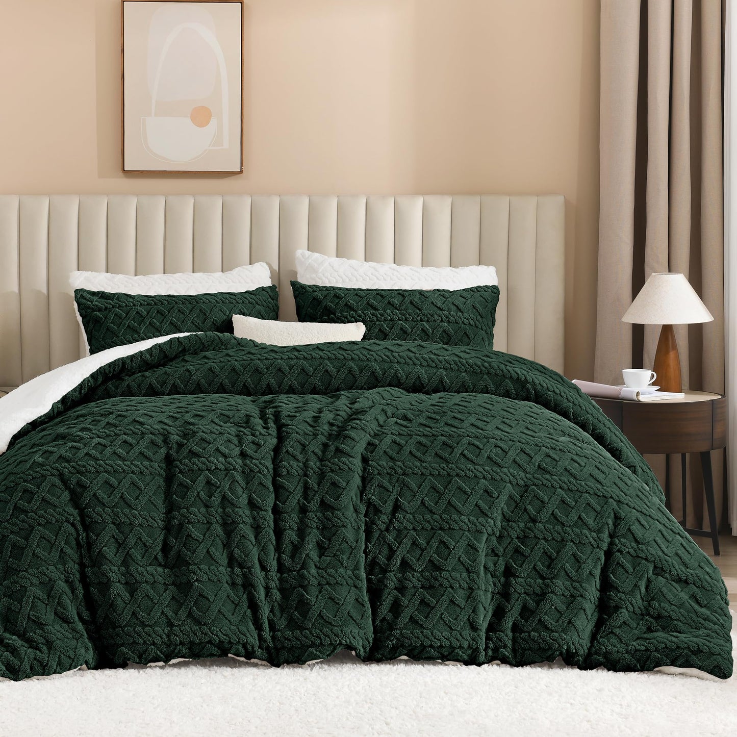 Andency Fluffy Sherpa Queen Comforter Set Dark Green, Super Soft Emerald Green Fleece Warm Bedding for Winter, Luxury Jacquard Boho Fuzzy Plush Bed Set 3 Pieces(1 Shaggy Comforter, 2 Pillowcases)