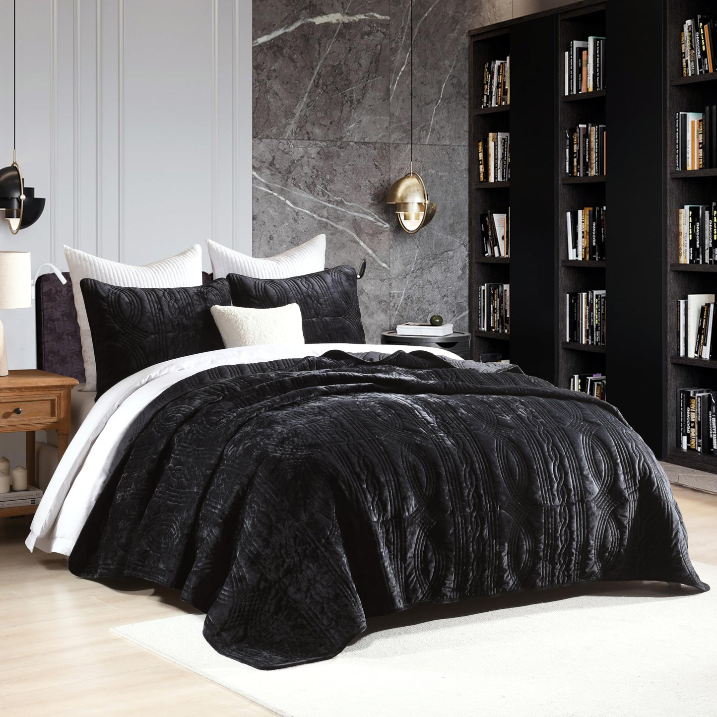 Homzard Velvet Quilt Set Queen Size, Black Velvet Comforter Set, Bedspread Coverlet Quilted Bedding Set,for All Season