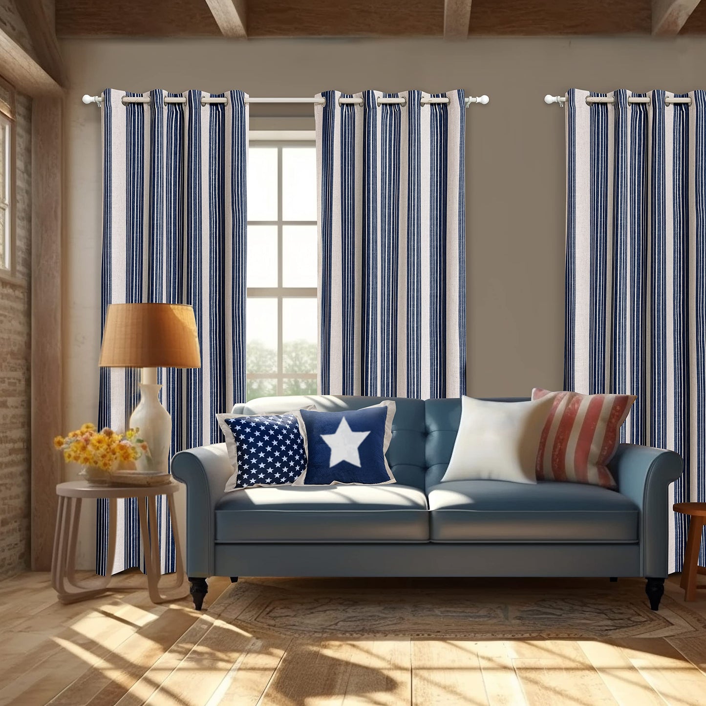 DriftAway Chris Linen Blackout Curtains with Thermal and Sound Reducing Layer 84 Inches Long for Bedroom Striped Printed Drapes Thermal Insulated Lined Window Treatments for Living Room Dark Blue