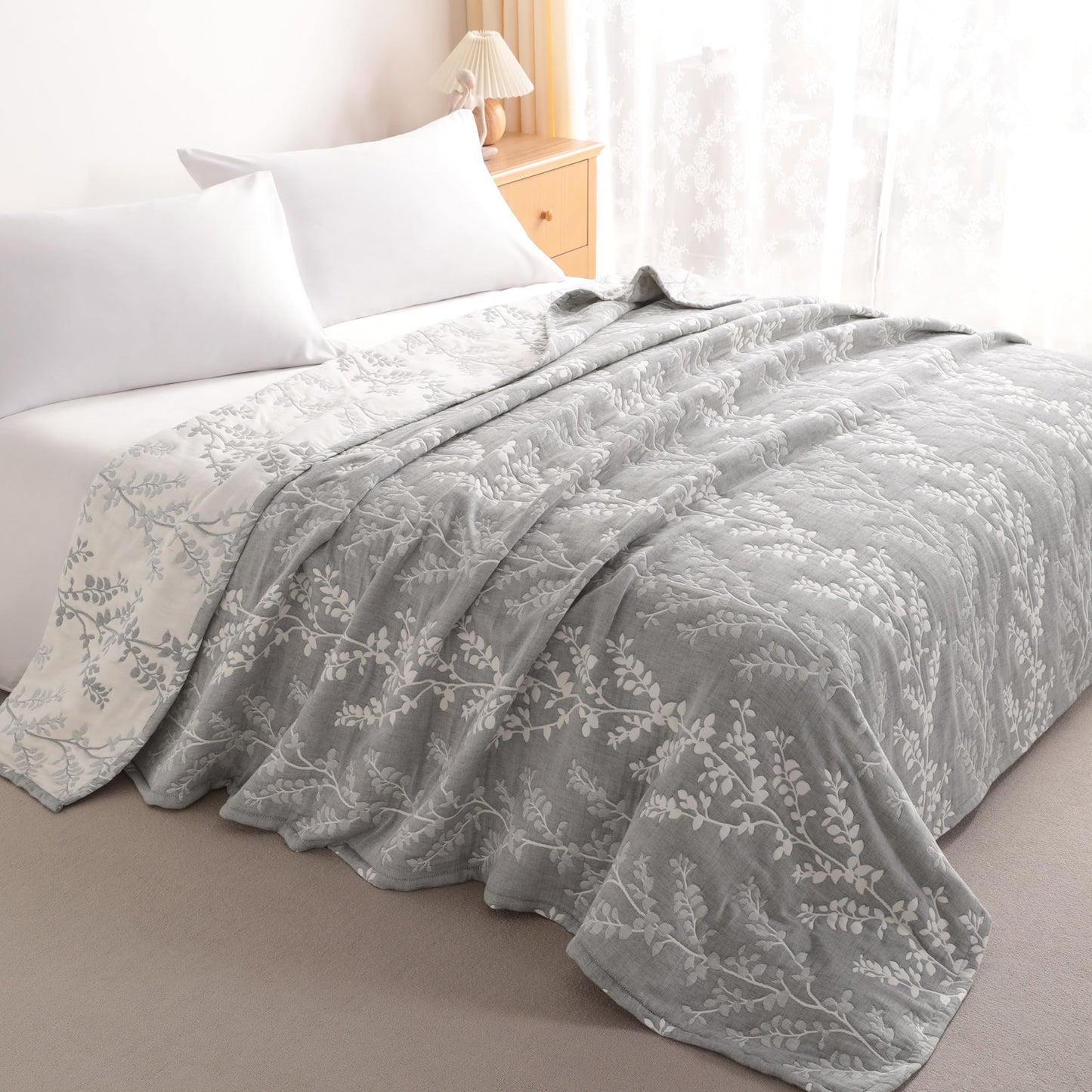 NTBAY 3 Layers Cotton Muslin 106x92 King Bed Blanket, Super Soft Breathable Thermal Yarn Dyed Quilt for Adults, Perfect Lightweight Blanket for Couch Sofa Bed All Seasons, Grey Tree
