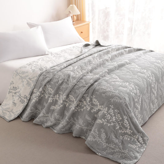 NTBAY 3 Layers Cotton Muslin 106x92 King Bed Blanket, Super Soft Breathable Thermal Yarn Dyed Quilt for Adults, Perfect Lightweight Blanket for Couch Sofa Bed All Seasons, Grey Tree