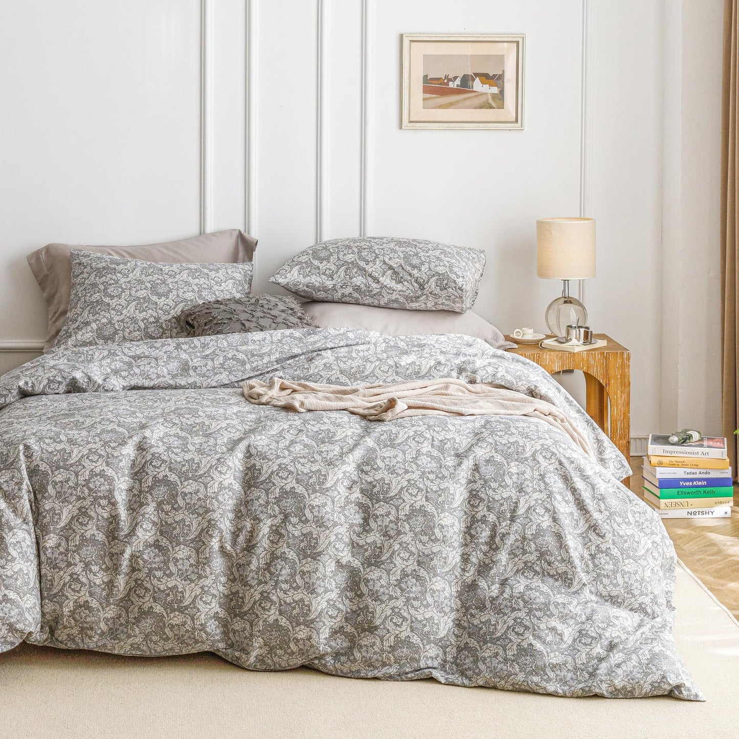 SUSYBAO Boho Flower Duvet Cover Queen 100% Cotton 3 Pcs Set 1 Vintage Grey Paisley Duvet Cover with Zipper Ties 2 Pillowcases Classical Style Gray Bohemian Floral Bedding Set Soft