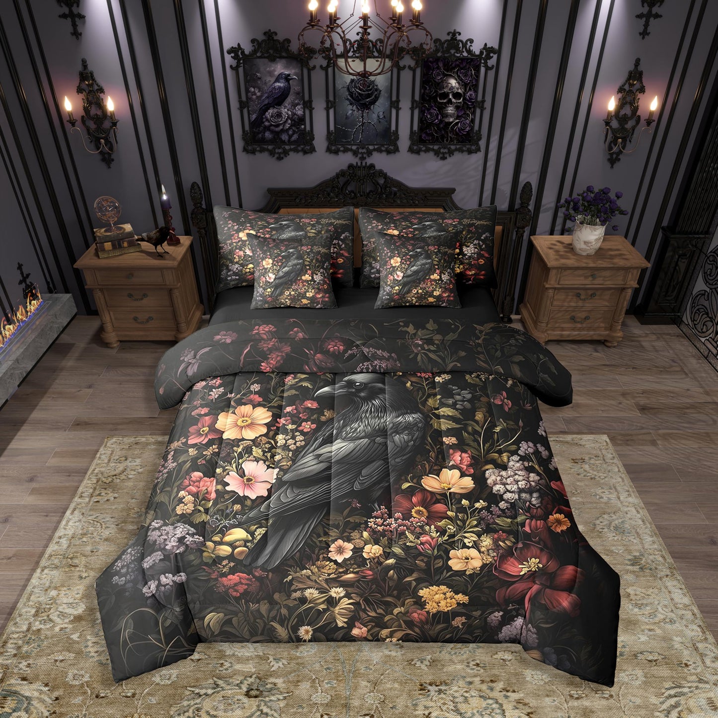 Erosebridal Crow Comforter Set King Size,Gothic Themed Animal Bedding Set for Kids Teens,Groovy Flower (Comforter+Fitted+Flat Sheet+2 Pillowcases+2 Throw Pillow Covers) 7 Pieces Bed Set
