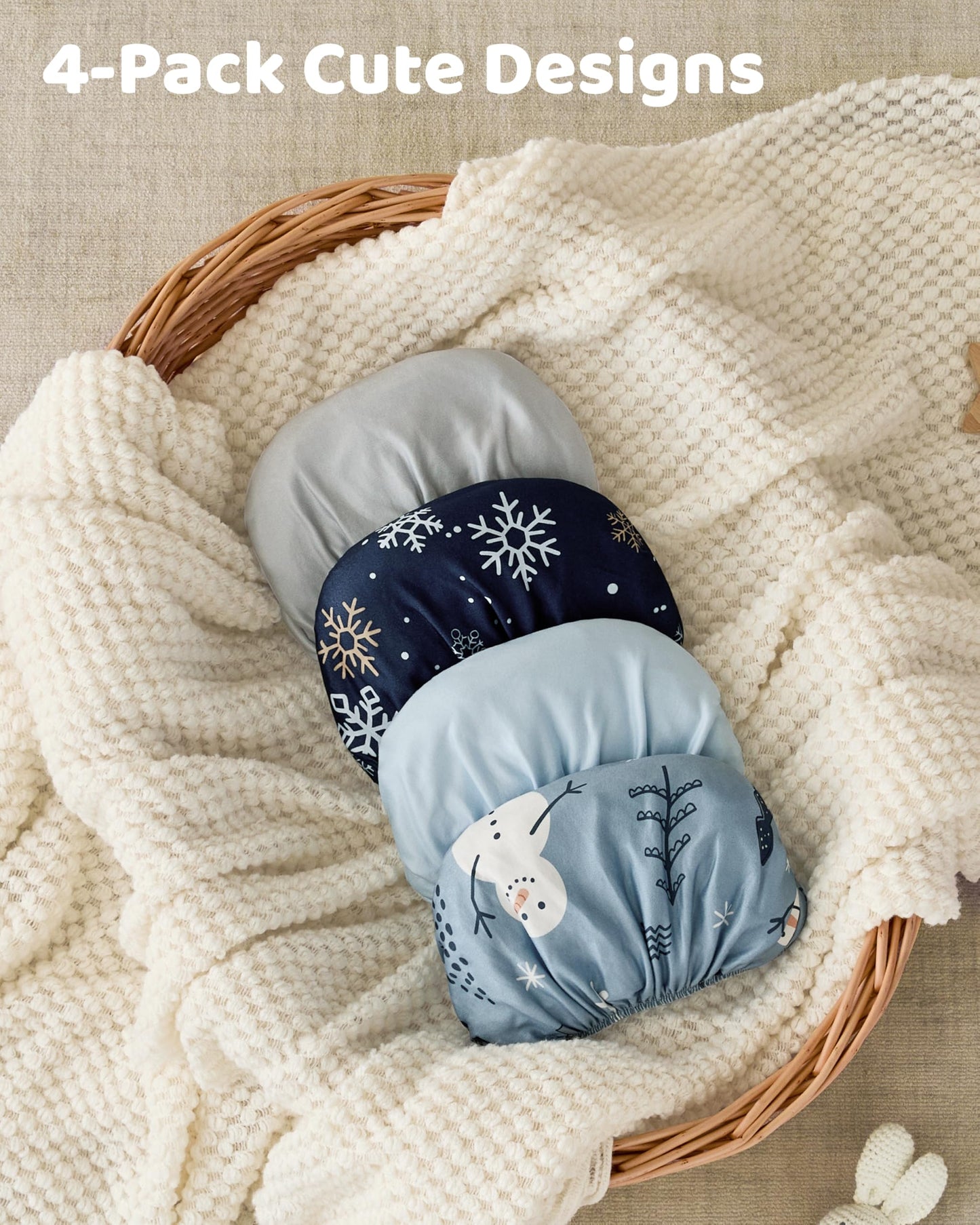 FIEMOL Baby Crib Sheets for Boys and Girls, Toddler Bed Sheets Fitted for 52”x28”Standard Crib and Toddler Mattresses, 4 Pack Soft Stretchy Microfiber Blue Snowman