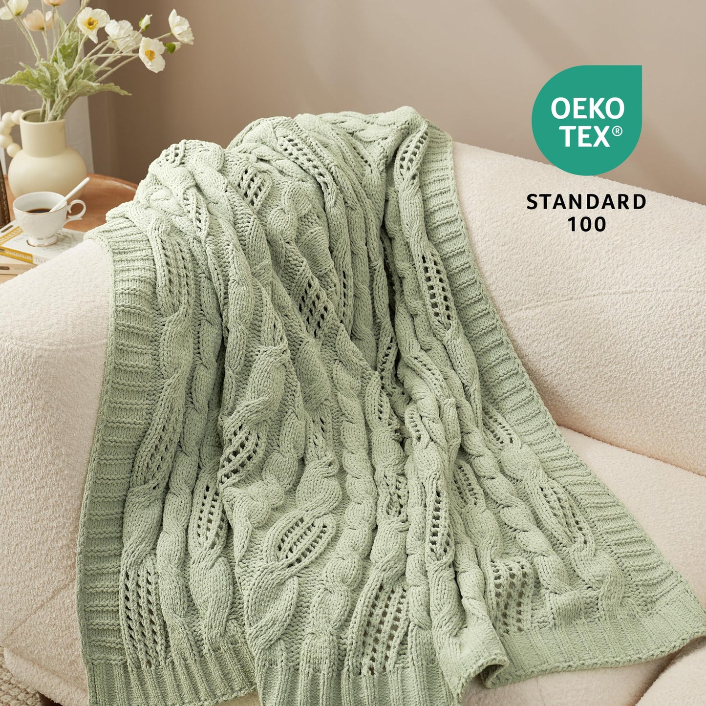 Amélie Home Chunky Knit Throw Blanket, Dual-Sided Soft Chenille Breathable Cable Knitted Blanket for Couch, Farmhouse Decorative Throw for Sofa & Chair, 50"x60", Sage Green