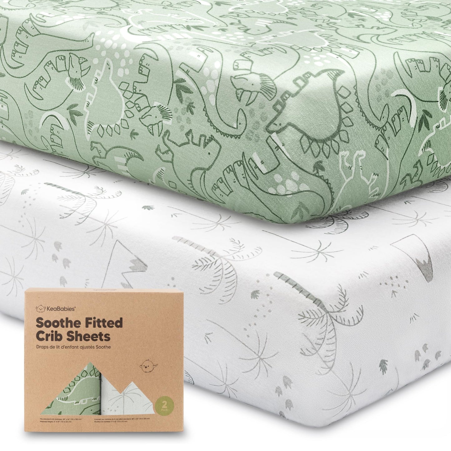 KeaBabies 2-Pack Organic Cotton Crib Sheets for Boys, Girls - 52x28 Fitted Crib Mattress Sheet Neutral, Breathable Cover for Baby Bed Set, Toddler Mattress, Soft & Cute Prints (DinoDood)