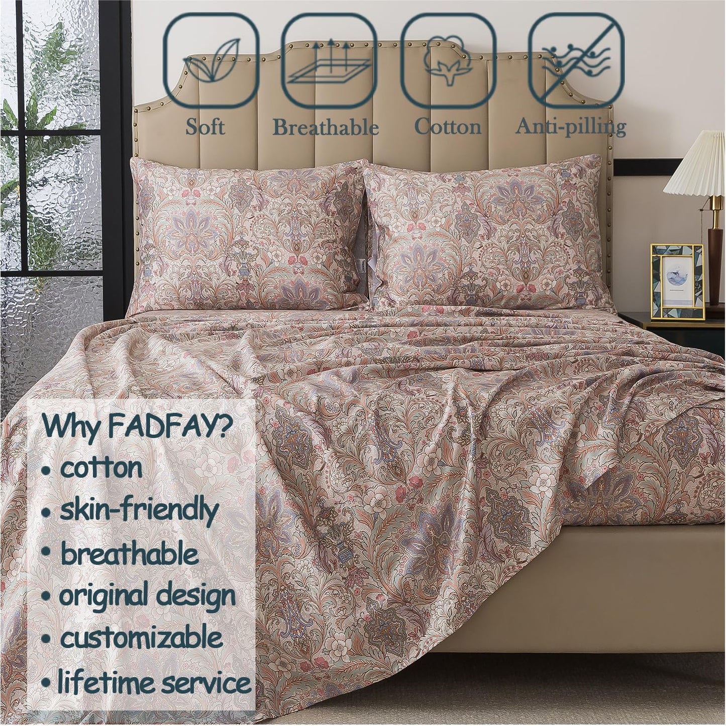 FADFAY Vintage Brown Paisley Queen Sheet Set, 4-Piece Long-Staple Cotton, Soft & Breathable, Deep Pocket Fitted Sheet for All Seasons