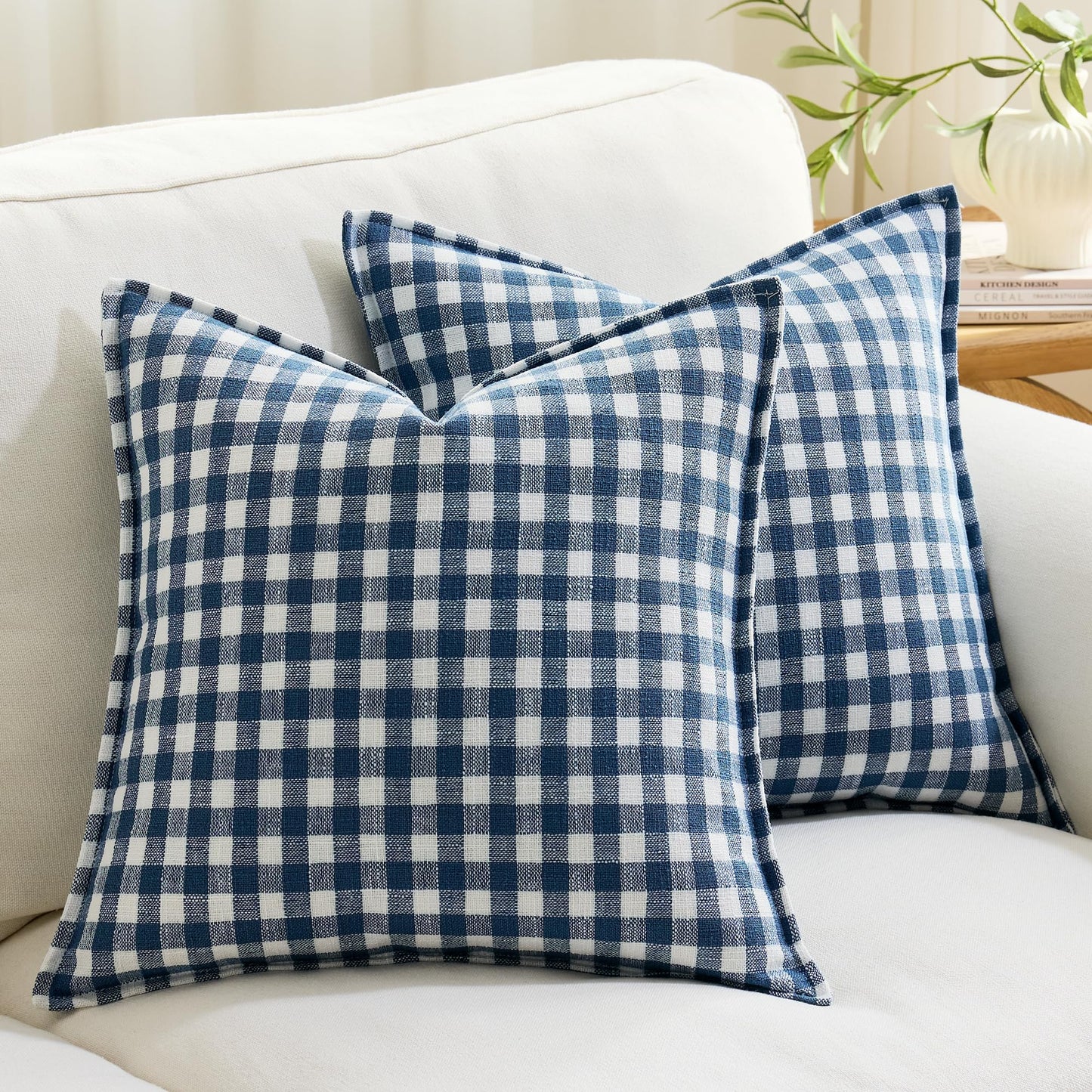 KINDREX Farmhouse Gingham Throw Pillow Covers 22x22 Set of 2, Small Checkered Linen-Textured Cushion Covers with Flanged Edges, Decorative Outdoor Pillowcases for Couch Sofa Living Room,Dusty Blue
