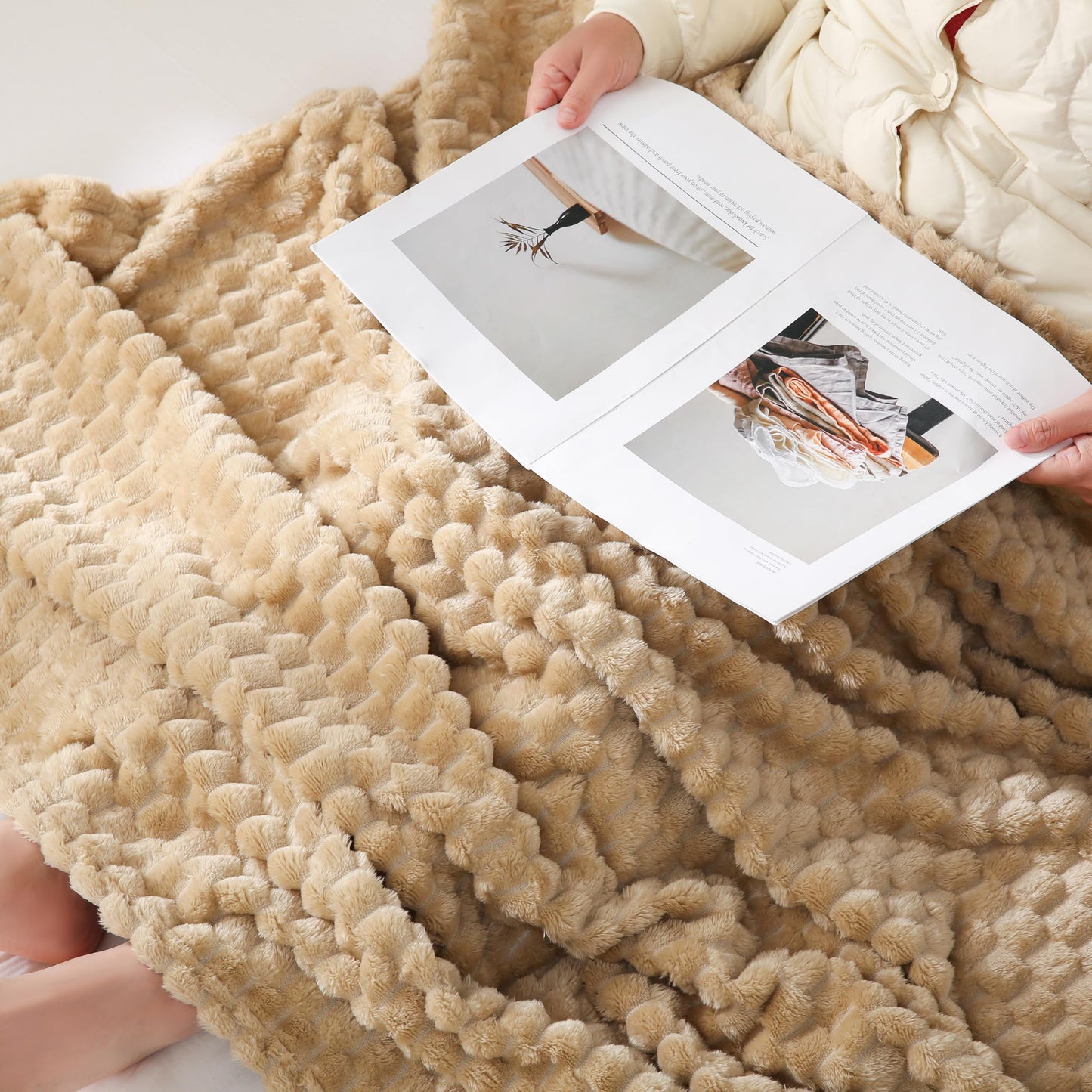 Beige Throw Blanket 50"×60" inches Fuzzy 3D Jacquard Decorative Flannel Fleece Super Soft Plush Cozy Blanket for Couch Sofa Chair Lightweight,Khaki