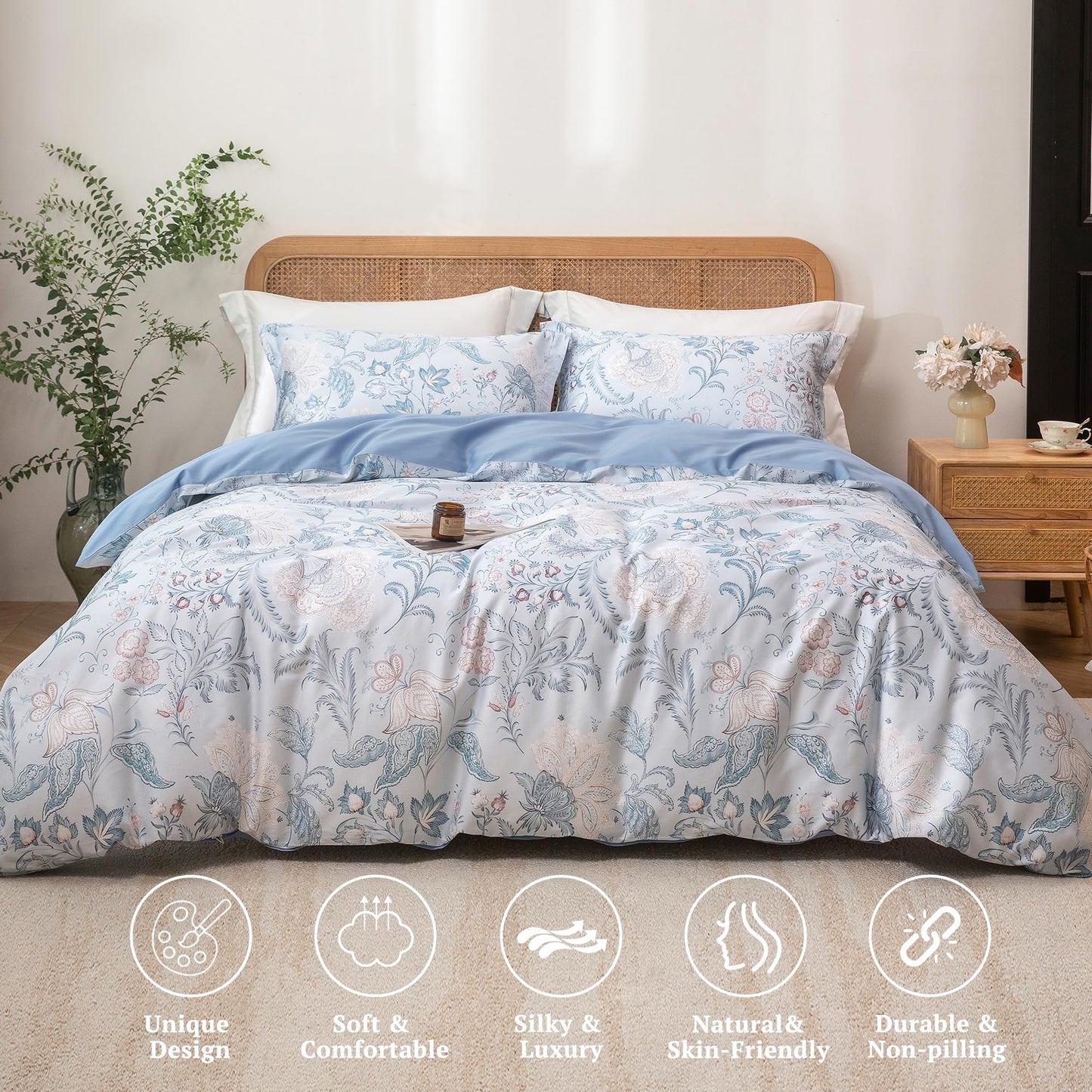 MILDLY Queen Duvet Cover Set - 100% Long-Staple Cotton Paisley Floral Patten Reversible Comforter Cover - 3Pcs Soft Breathable Luxury Bedding for All Season