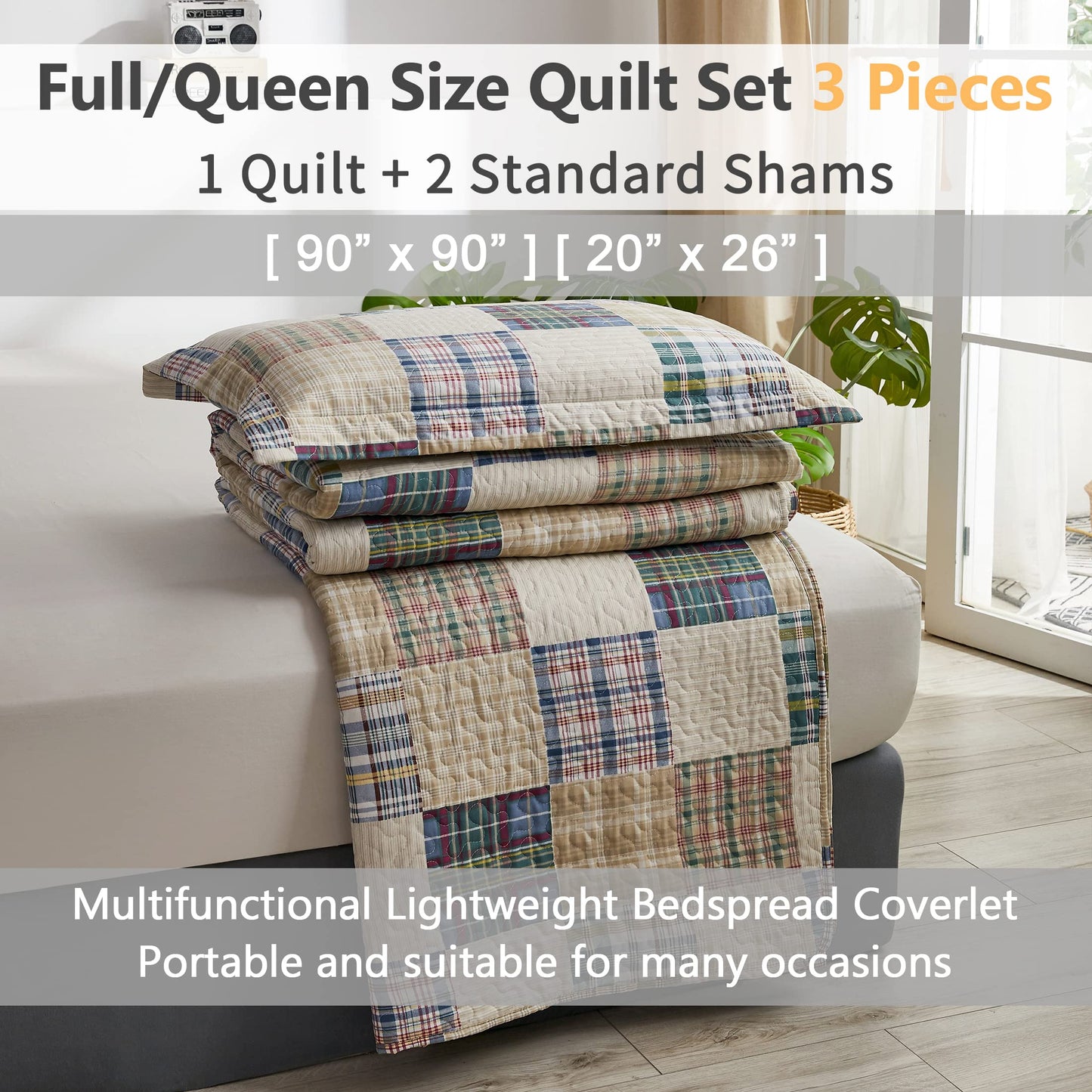 Quilt Set Queen Size Plaid Bedspread Coverlet Queen Quilts Patchwork Bedding Mens Plaid Collection Quilt Bedspread Lightweight Reversible Quilt Bedding Set Queen Bedspread with Pillow Shams,Beige