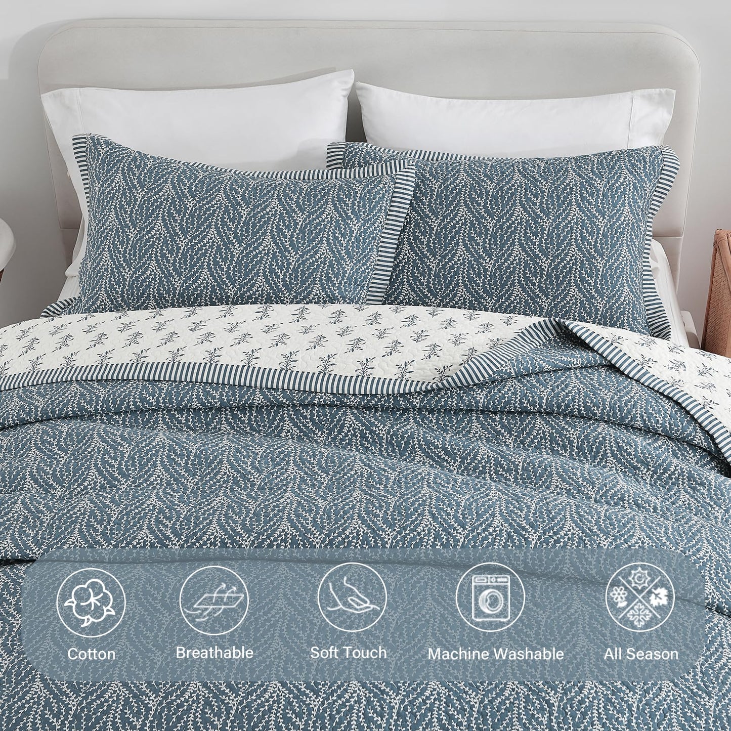 Finlonte Cotton Quilts Queen Size - 100% Cotton Queen Comforter Set, Botanical Quilt Bedding Set, Lightweight Reversible Soft Quilted Bedspread for Queen Bed, Grayish-Blue/White, All Season, 3 Pcs