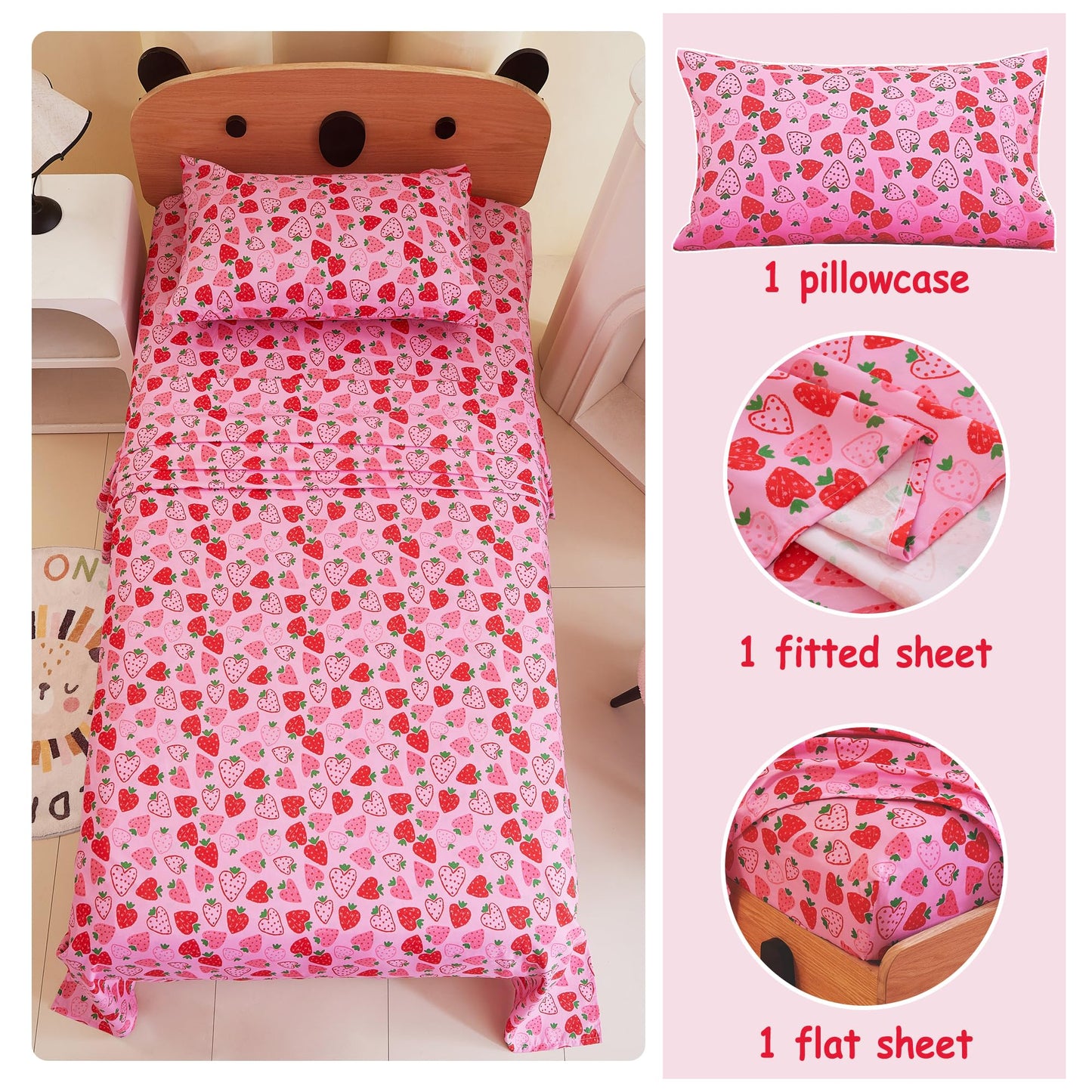 Softan Kids Bed Sheet Set, 3-Piece Twin Sheets Set, Microfiber Fitted Sheet with Corner Straps, Breathable & Silky Soft Pink Heart Strawberry Pattern Sheet and Pillowcase Sets