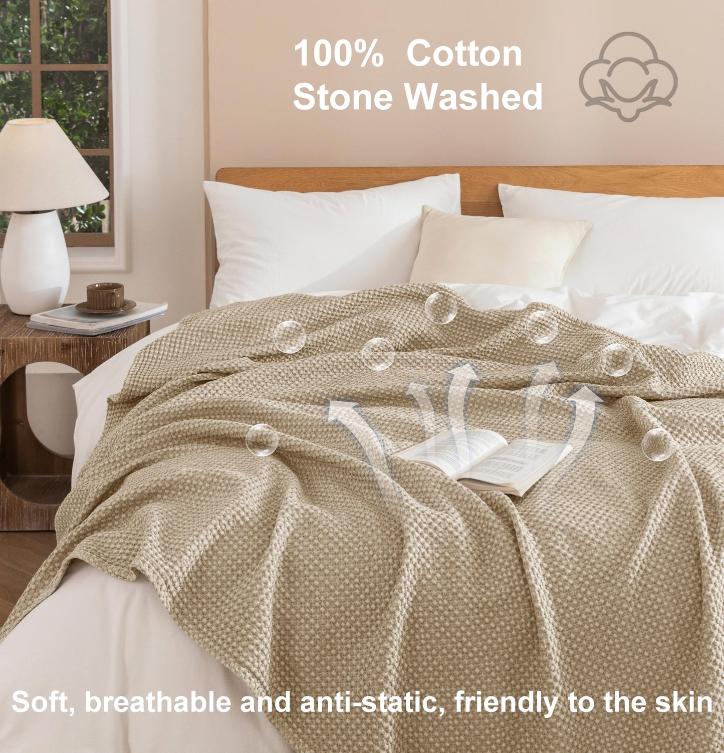 Talasily 100% Cotton Blanket Queen Size for Bed - Spring and Summer Cooling Lightweight & Breathable Bedding -Soft Waffle Weave Christmas Blanket, Machine Washable,Oatmeal,90x90 Inches