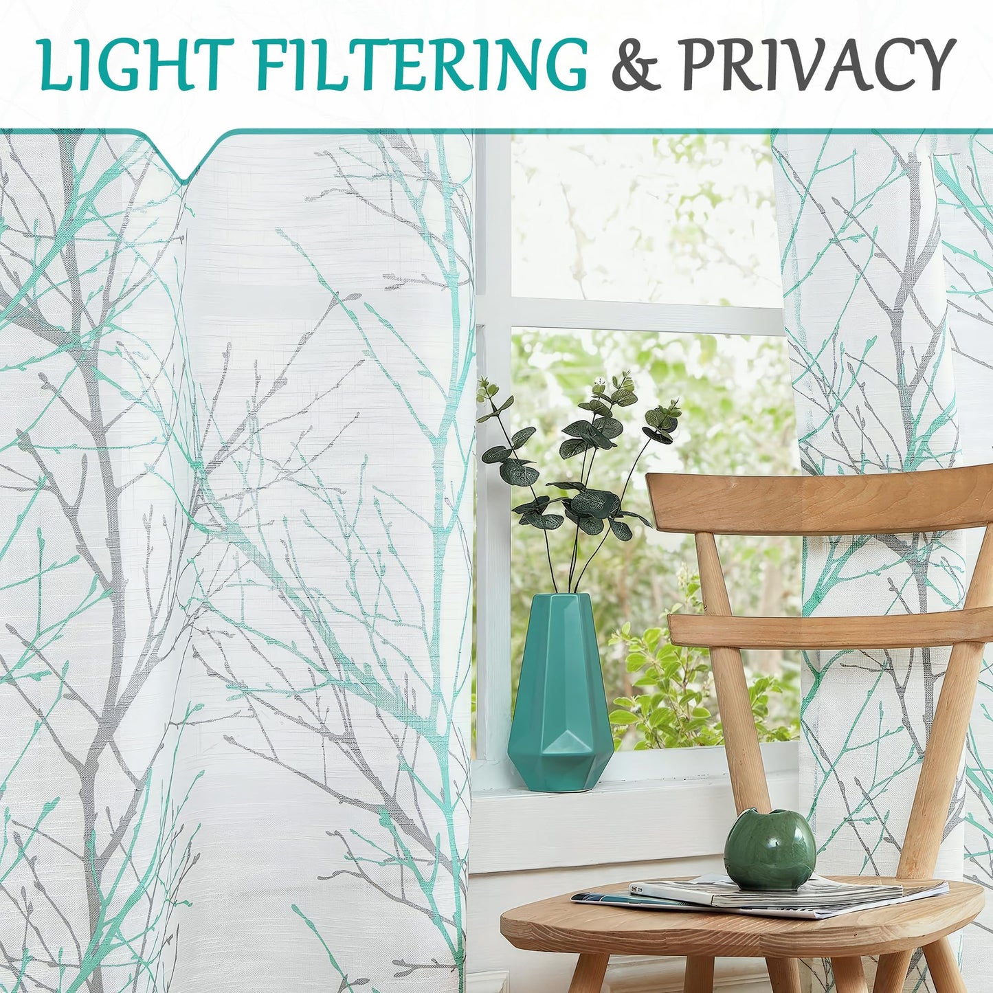 FMFUNCTEX Linen Semi Sheer Curtains for Bedroom, Auqa Blue White Curtains 84 Inches Long for Living Room, Grey Tree Branch Patterned Curtain Light Filtering Window Drapes, Grommet Top 2 Panels