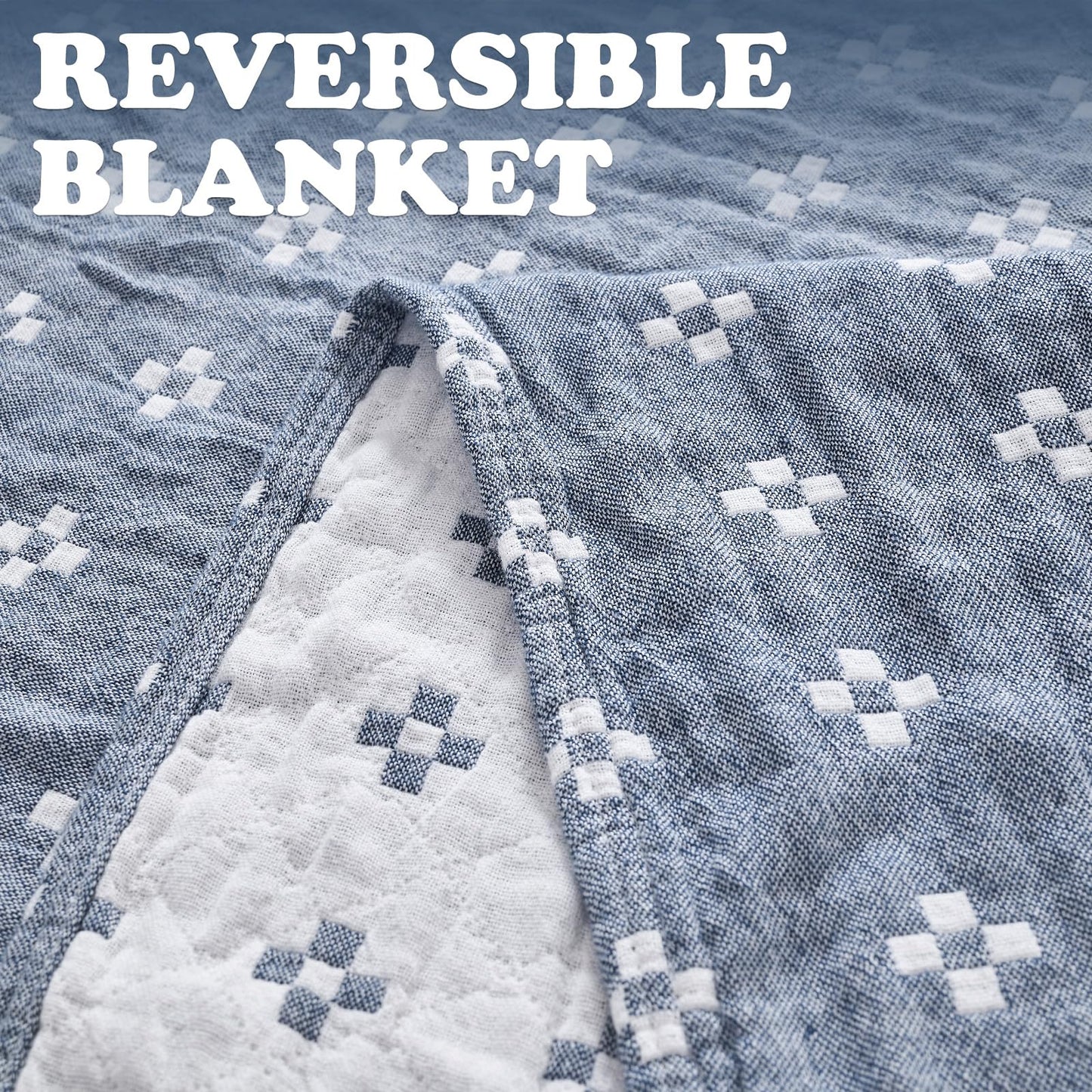 jinchan Boho 100% Cotton Blanket Muslin Twin Size 60x80 Inches Lightweight 3-Layer Geometric Cross Pattern Reversible Quilt Coverlet Throw Soft Breathable Comfy All Seasons for Couch Bed Decor, Blue