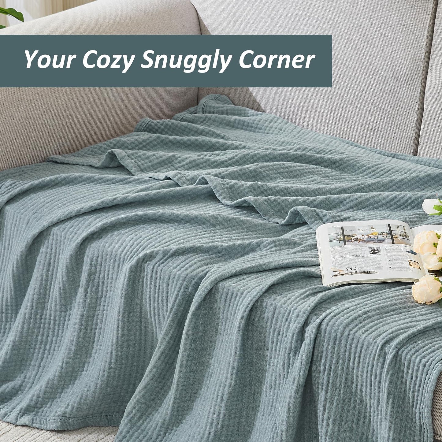 EMME Cotton Muslin Large Throw Blanket Couch Breathable Gauze Soft Lightweight Bed Blankets Adults (Heather Teal, 50"x70")