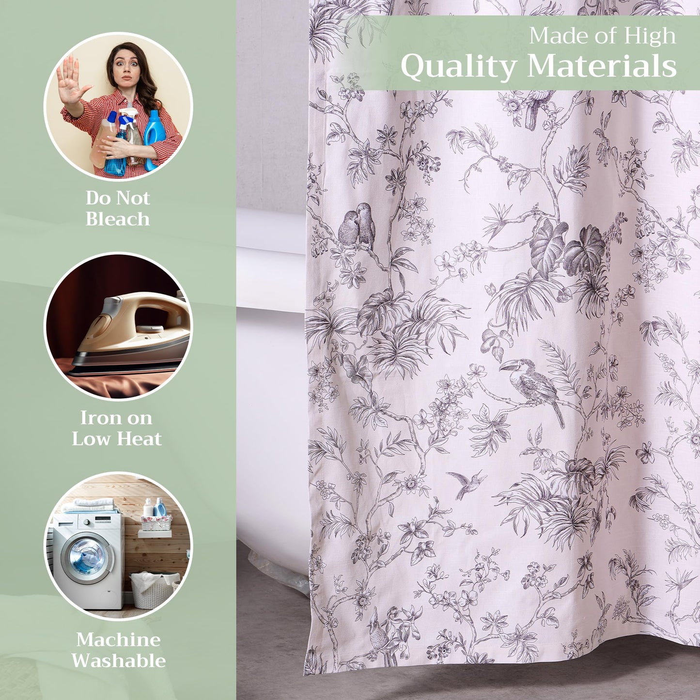 Maison d' Hermine Shower Curtain 100% Cotton One Panel 70"x72" Washable Fabric Shower Curtains for Bathroom, Easy Hanging with 12 Button Holes - Home Hotel Resort Spring Summer - Jouy Paradise - Grey