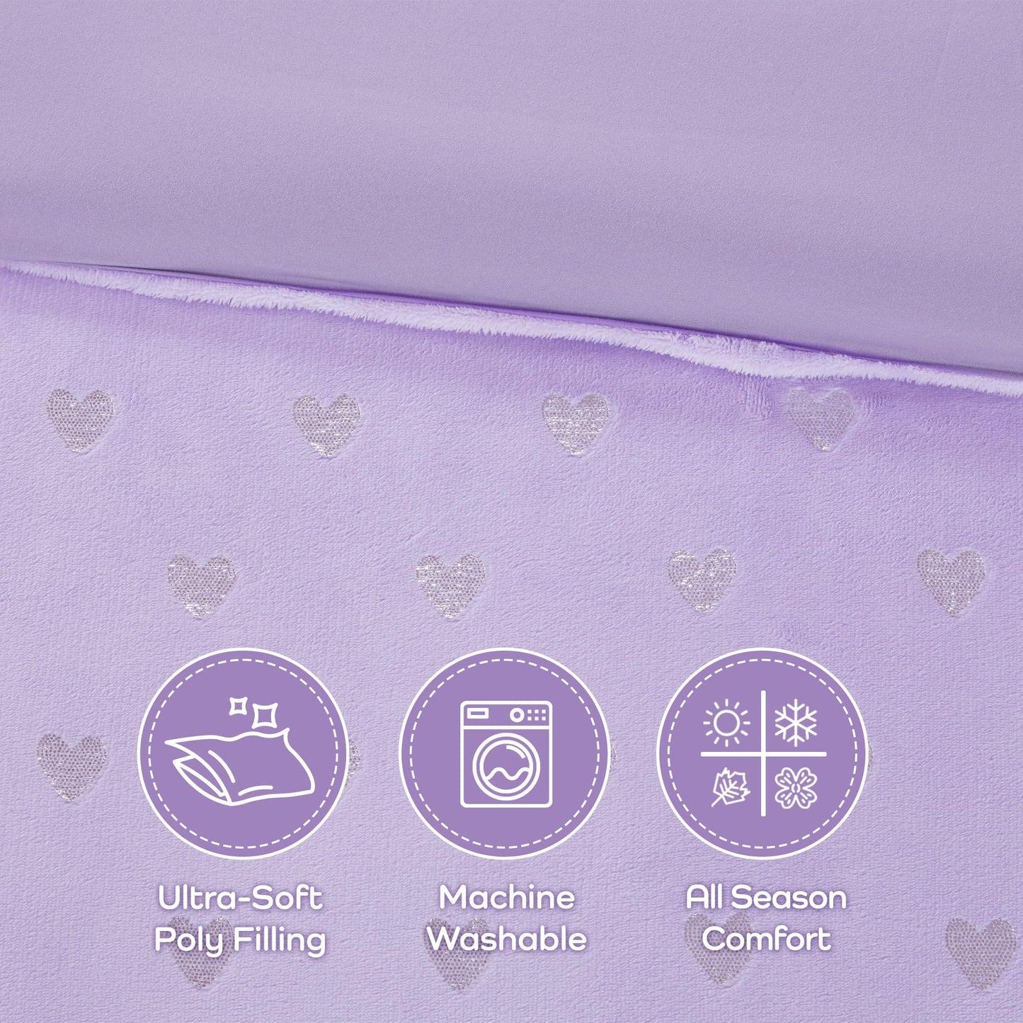 Intelligent Design Twin Comforter Set, 3 Piece Metallic Hearts Cozy Bedroom Set for Girls, Twin Bed Set Soft & Plush Comforter, All Season Fluffy Bedding Set, Rosalie, Twin/Twin XL, Purple Silver