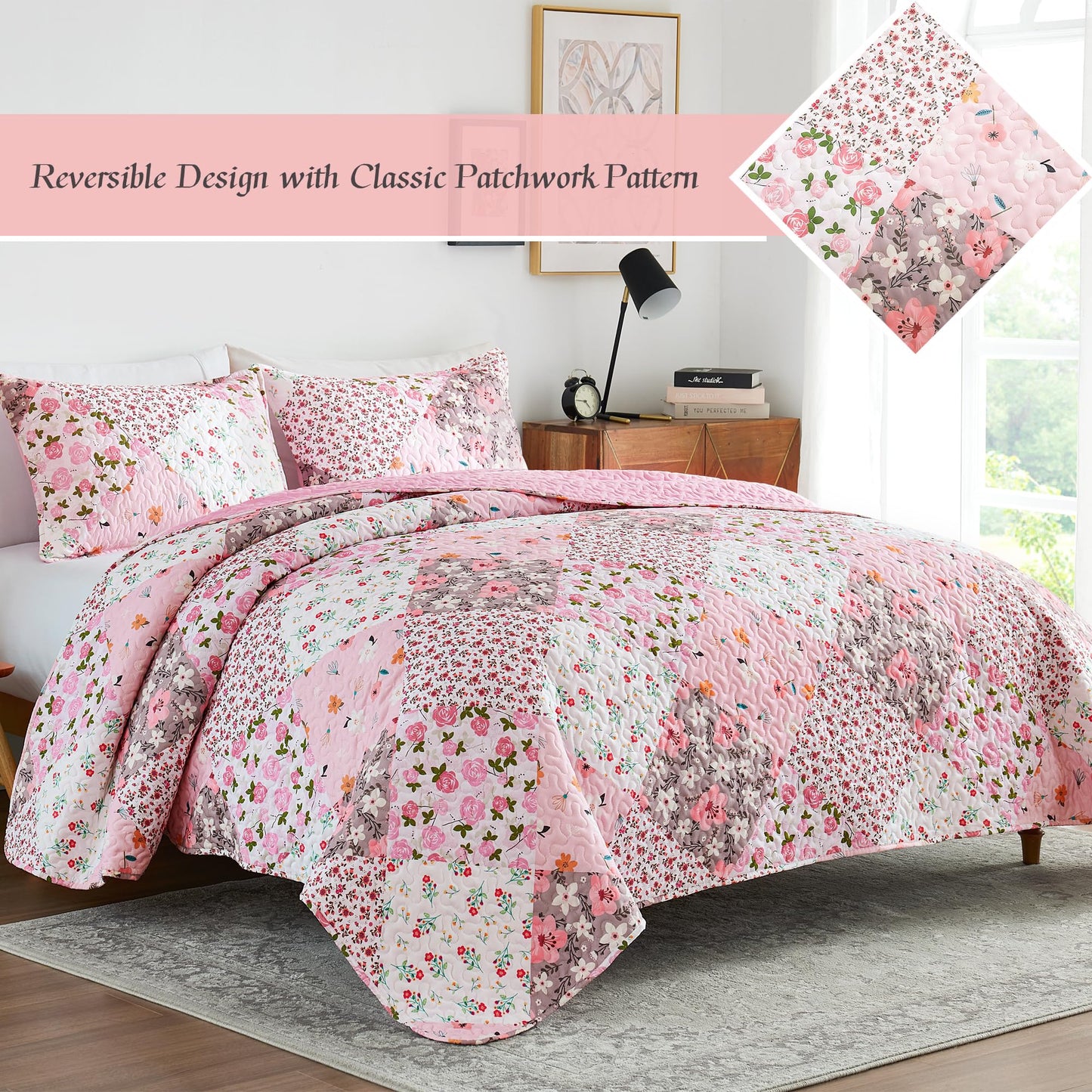 Whale Flotilla Patchwork Quilt King Size, Extra Soft Boho Floral Bedspreads for Bed Reversible Lightweight King Quilt Bedding Set Printed Coverlets with 2 Pillow Shams for All Seasons, Pink