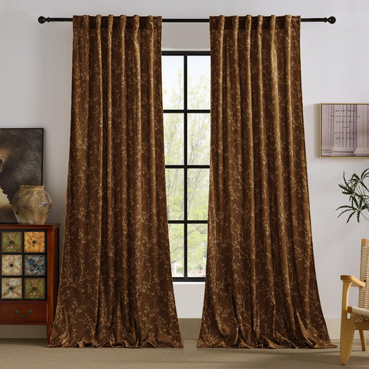 StangH Boho Brown Printed Curtains 84 inch, French Country Tree Branch Botanical Velvet Window Drapes Light Filtering Neutral Decor for Bedroom Living Room, W52 x L84, Cinnamon Brown, 2 Panels