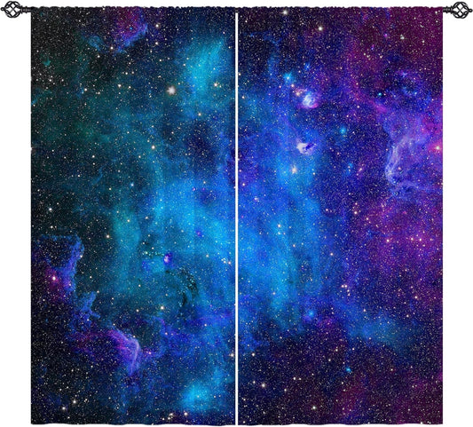 YUANZU Kids Galaxy Curtains W42 x L63 Inch Space Blue Nebula Star Constellation Planet Universe Starry Stars Rod Pocket Print Pattern Window Drapes for Boys Girls Teen Bedroom Playroom 2 Panels