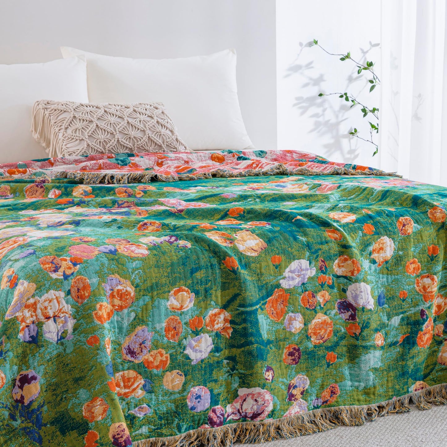 BRYALIX 100% Cotton Muslin Floral Blanket, Super Soft Throw Green for Couch, Bed Chair Quilt Travel Blankets, Reversible Jacquard Fall Coverlet, Lightweight Boho Farmhouse Picnic Blanket, 60"x80"
