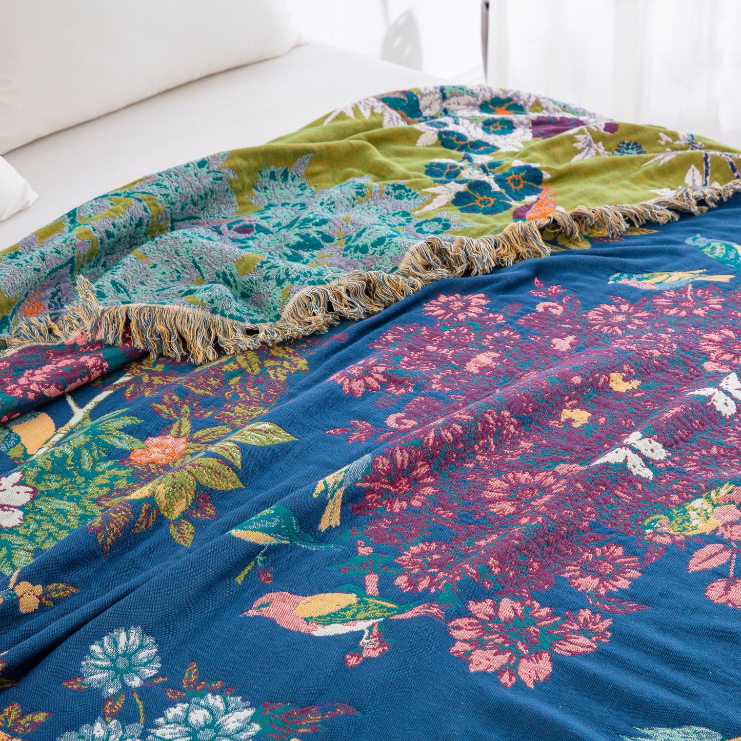 BRYALIX 100% Cotton Boho Floral Throw Blanket, Navy Blue with Birds Pattern, Lightweight Muslin Quilt, Decorative Reversible Jacquard Fringed Farmhouse Blanket for Home, Picnic, Travel, 60"x80"