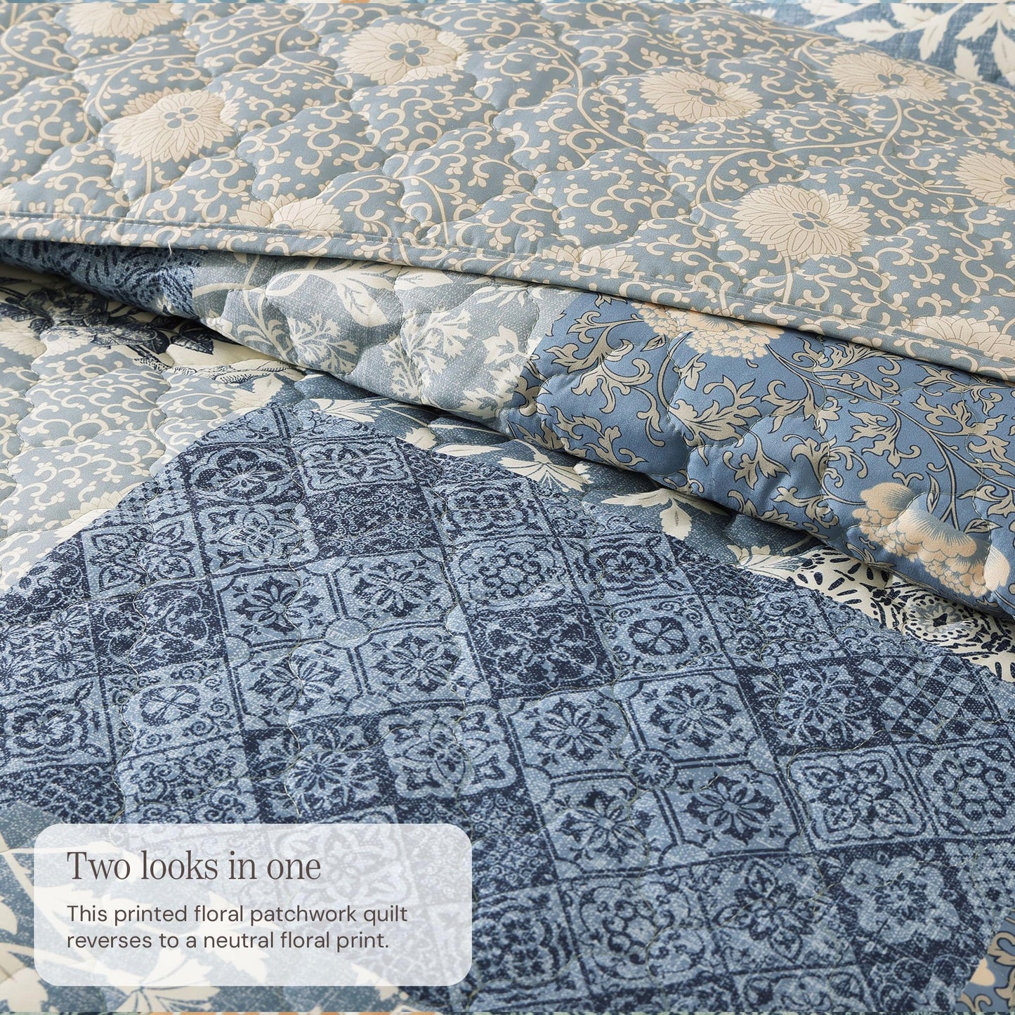 BLOOMHAVEN Quilt Set Queen Size, Patchwork Blue Floral Quilt Sets, Reversible Bedspread Lightweight and Breathable for All Seasons, Soft Quilted Bedspread with 2 Pillow Shams
