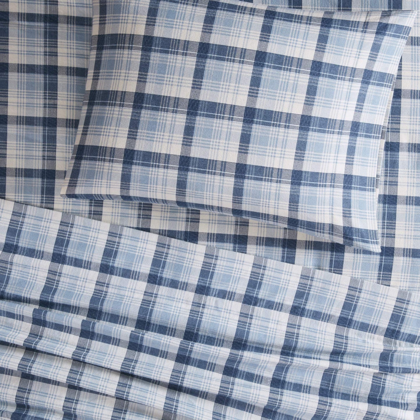 Woolrich Cotton Sheet Set Cottage Charms Print, 100% Cotton Flannel Sheets Warm & Fuzzy Bedding Set Queen Size Sheets, Fitted Pocket Fits Up to 14" Mattress, Queen Blue Plaid, 4 Piece