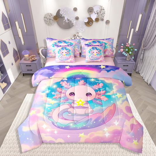 Girls Axolotl Queen Comforter Set Preppy Cute Axolotl Bed in a Bag with Flat and Fitted Sheet for Kids Boys Teens Dreamy Cloud Stars Rainbow 7-Piece Bedding Set Cartoon Ocean Animal Quilt Duvet Sets