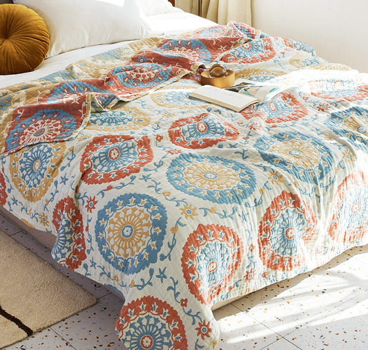 Scientific Sleep Boho Round Retro Farmhouse 100% Cotton Muslin Blanket Throw Cover for Bed Couch Sofa Cozy Soft Reversible Bedding Blanket Bedspread Coverlet Full Queen 80 in x 90 in