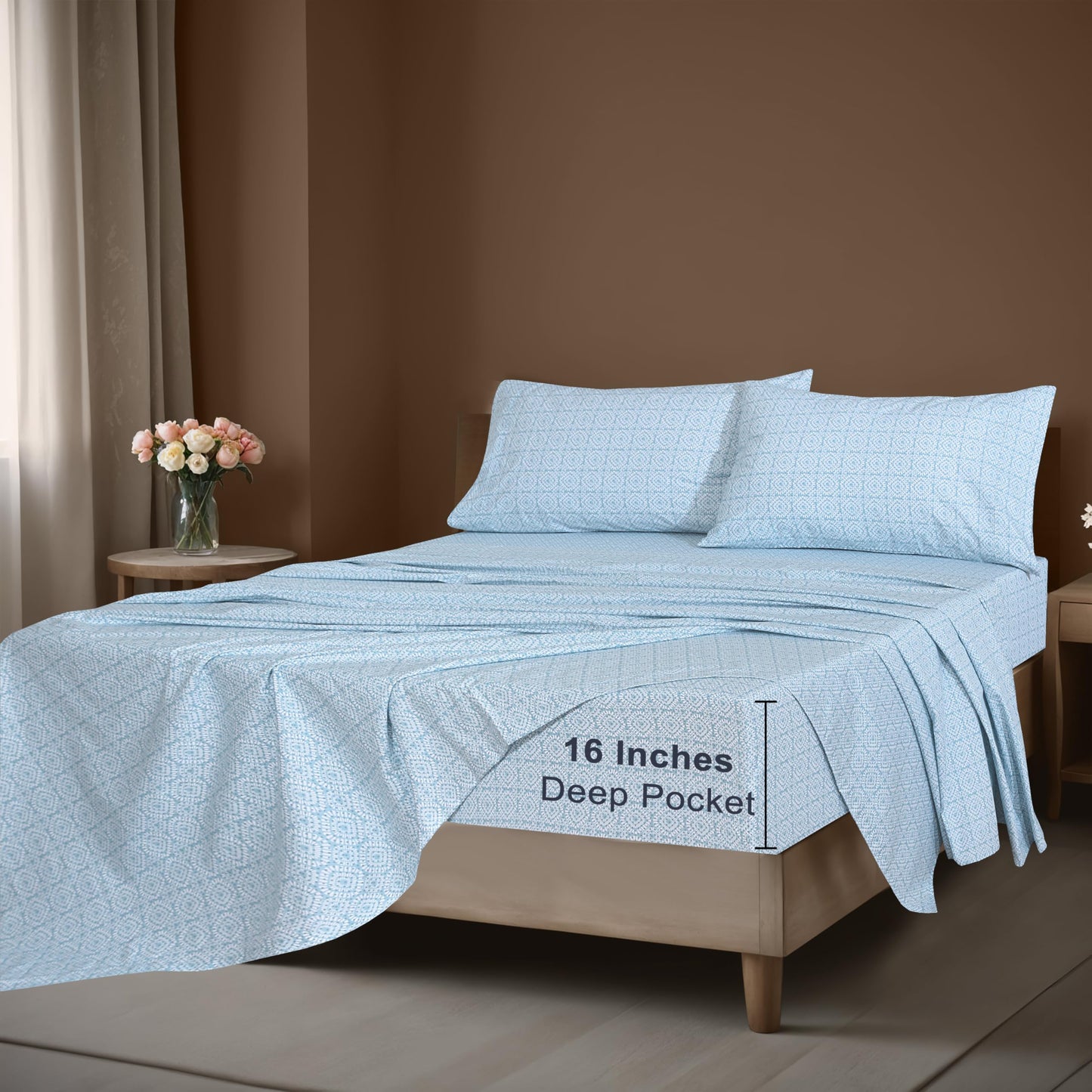 ZOYER 100% Cotton Percale Sheets Queen – Cooling Breathable Bed Sheets for Hot Sleepers, Crisp Hotel Style Bedding, Deep Pocket 16”, Lightweight Soft Durable 4 Pcs Sheet Set, Teal Geo