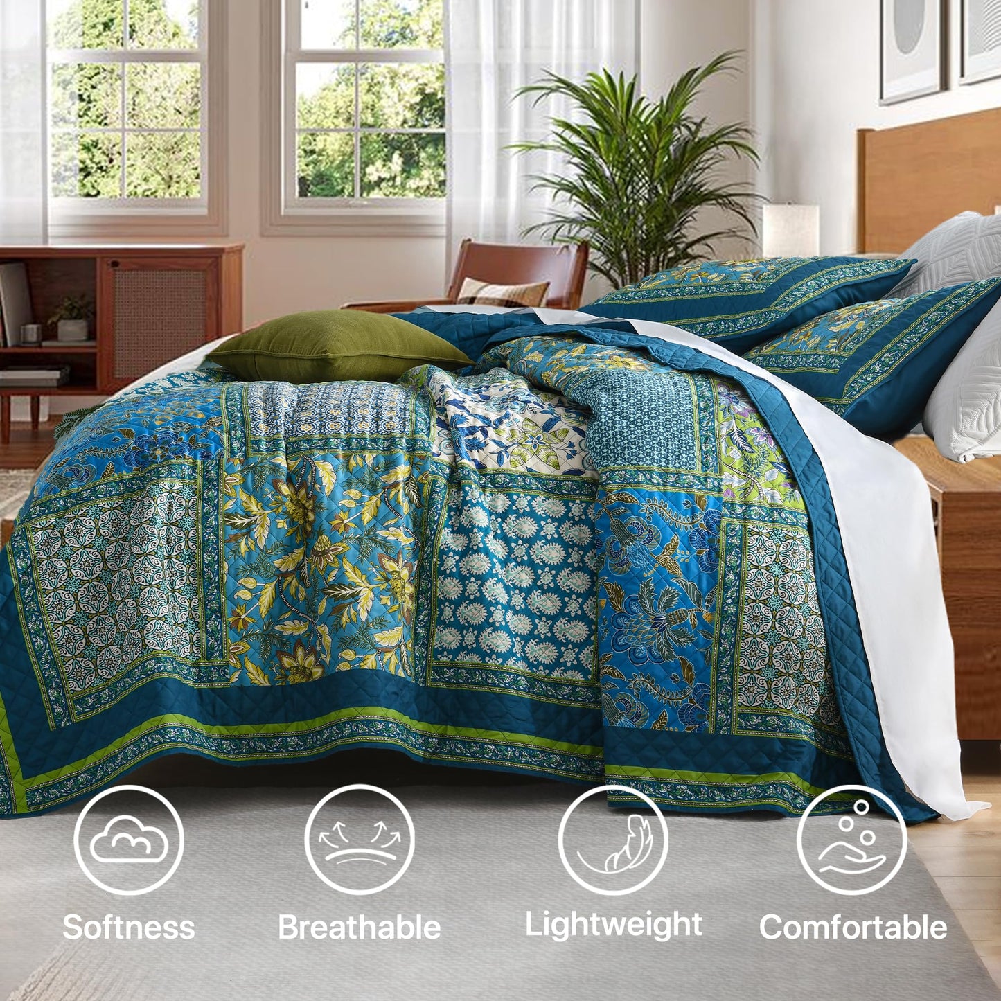 TEXSTEAD Queen Quilt Set - Washed Quilted Patchwork Comforter Coverlet, Lightweight Breathable Bedspread for All Seasons, Reversible 90"x90" with 2 Pillow Shams, Machine Washable
