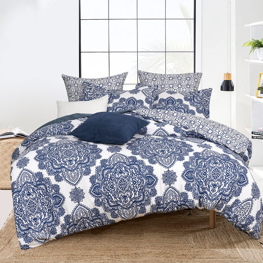 PHF Ultra Soft Paisley Duvet Cover Queen Size, Printed Bedding Set 3 Pieces, Comfy Farmhouse Pattern Duvet Cover Set with 2 Pillow Shams, Zipper Closure and 8 Ties, 90"x90", Royal Blue & White