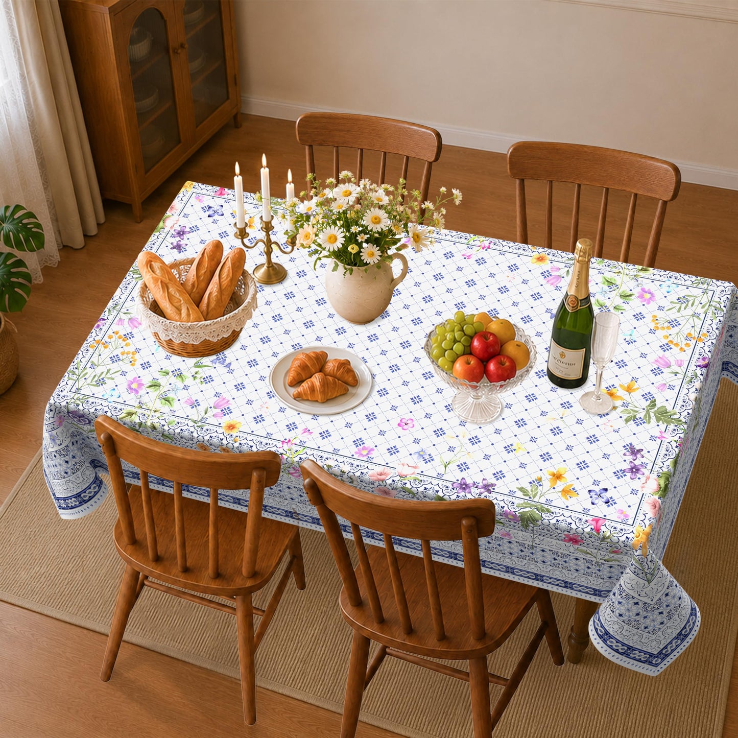 Viyeneyo Rectangle Tablecloth 60x102 Inch, French Toile Floral Table Cloth