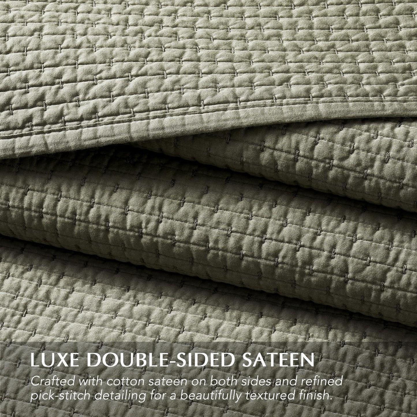 EVERGRACE Cotton Sateen Pick-Stitch Quilt Set King Size – 100% Cotton Coverlet Bedding, Pre-Washed Oversized Bedspread, Breathable All-Season Quilt Set with 2 Shams, Eucalyptus Green