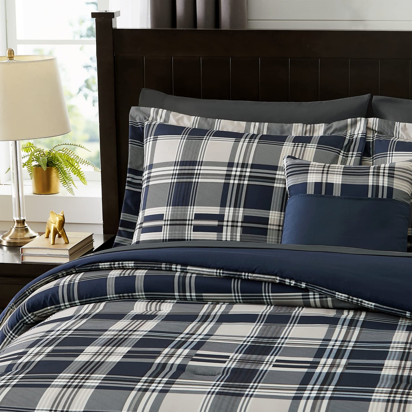 MaiRêve Queen Size Comforter Set Navy Blue, Classic Plaid Farmhouse 7 Pieces Bedding Set, All Season Lightweight Bed in a Bag with Sheets, Pillowcases & Shams