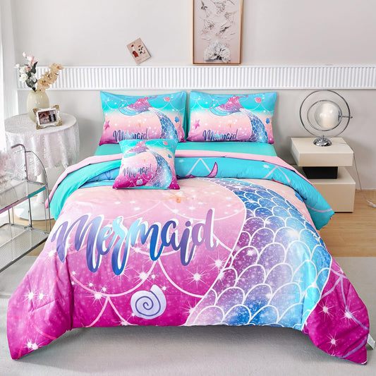 RYNGHIPY Kids Girls Comforter Set 6Pcs, Mermaid Bed in a Bag Twin Size, Fish Tail Print Teens Girls Bedding Set, Rainbow Bedding Collections