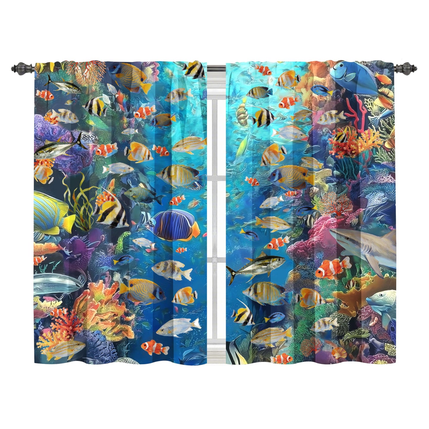 Ecixzyo Fish Kitchen Curtains Short Rod Pocket Drapes Tiers Window Curtains for Basement Bathroom 2 Panels 28x36in