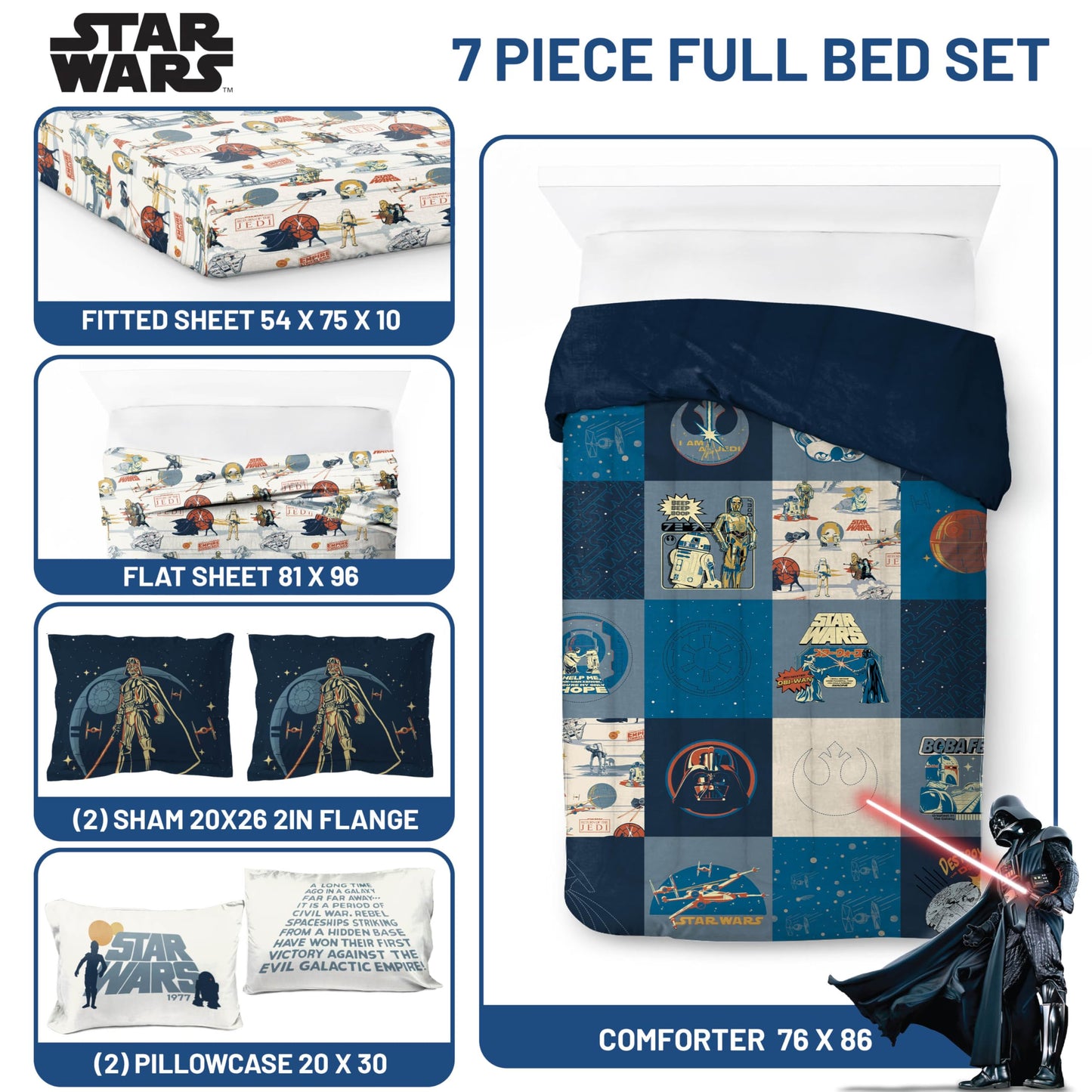 Jay Franco Kids Bed Set, Blue, Star Wars, 7 Piece Full