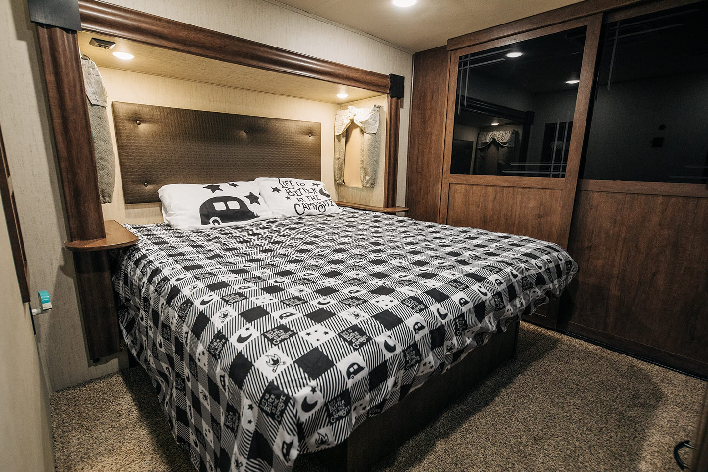Camco Life is Better at The Campsite Camper/RV King Sized Bed Sheet Set | Features Camping Theme Design on Buffalo Plaid Pattern | Crafted of Soft Machine Washable Polyester | 4-Piece Set (53474)