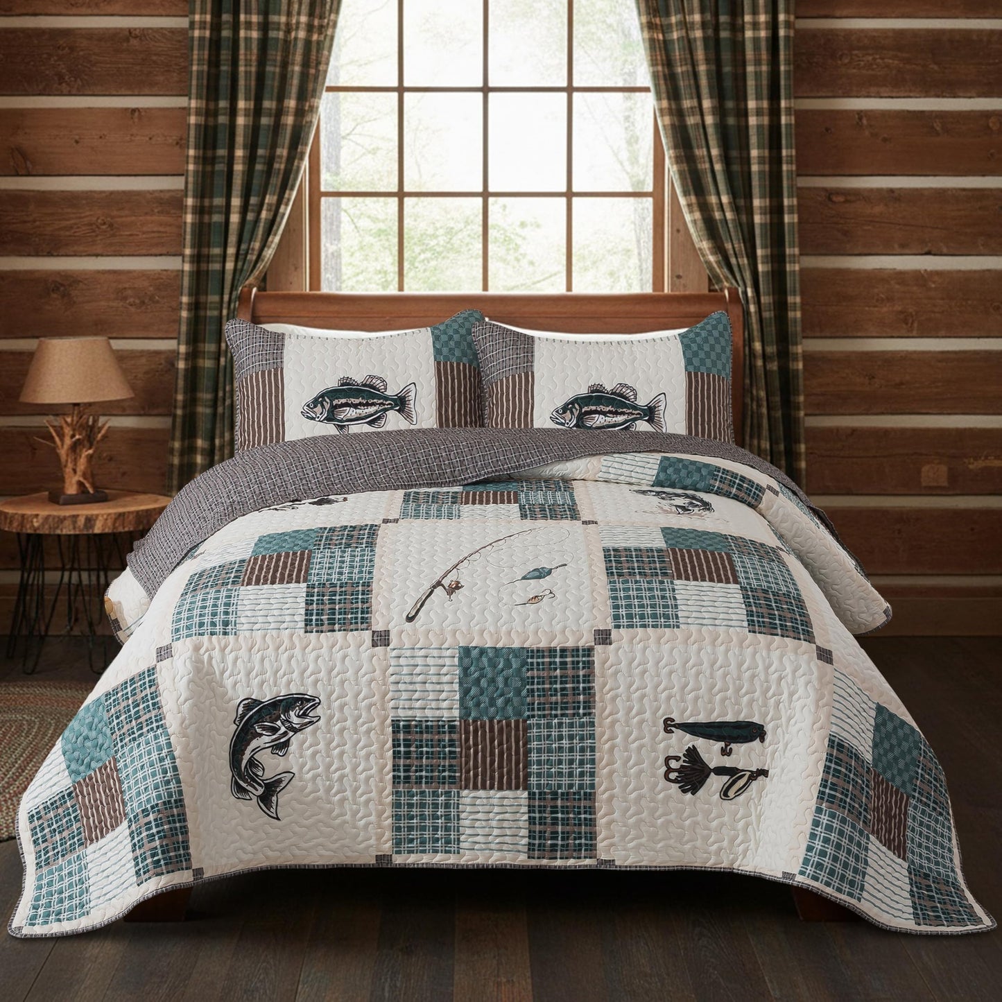 Soul & Lane Fishing Quilt Set – Queen and 2 Shams, Cozy Lake Bedding for Lodge or Cabin Themed Rooms, Rustic Bedspread with Fish Theme Design, Quilted Cabin Coverlet, Fisherman’s Tale