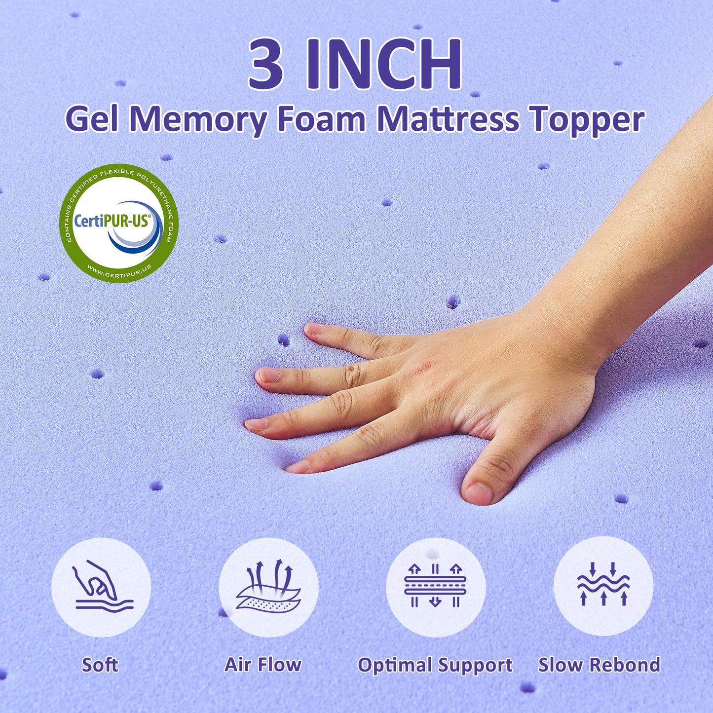 bedsmile 3 Inch Gel Memory Foam Mattress Topper Queen Size with Removable & Washable Viscose Made from Bamboo Cooling Breathable Cover, Soft Bed Topper for Back Pain, CertiPUR-US Certified