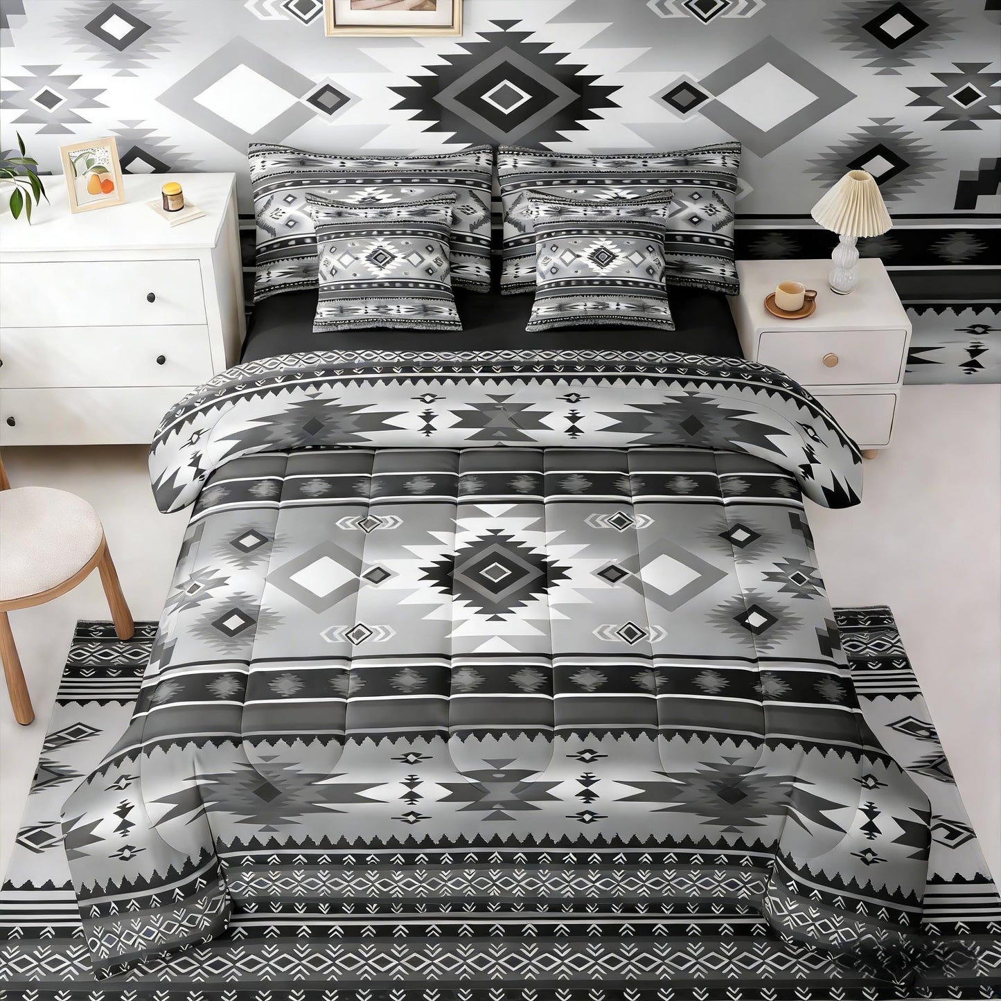 Erosebridal Cowboy Black Grey Aztec Geometric Full Comforter Set 7 Pieces | Cowgirl Farmhouse Bed in A Bag for Bedroom Tribal Southwestern Adults Bedding Set with Comforters Bohemian Room Decor